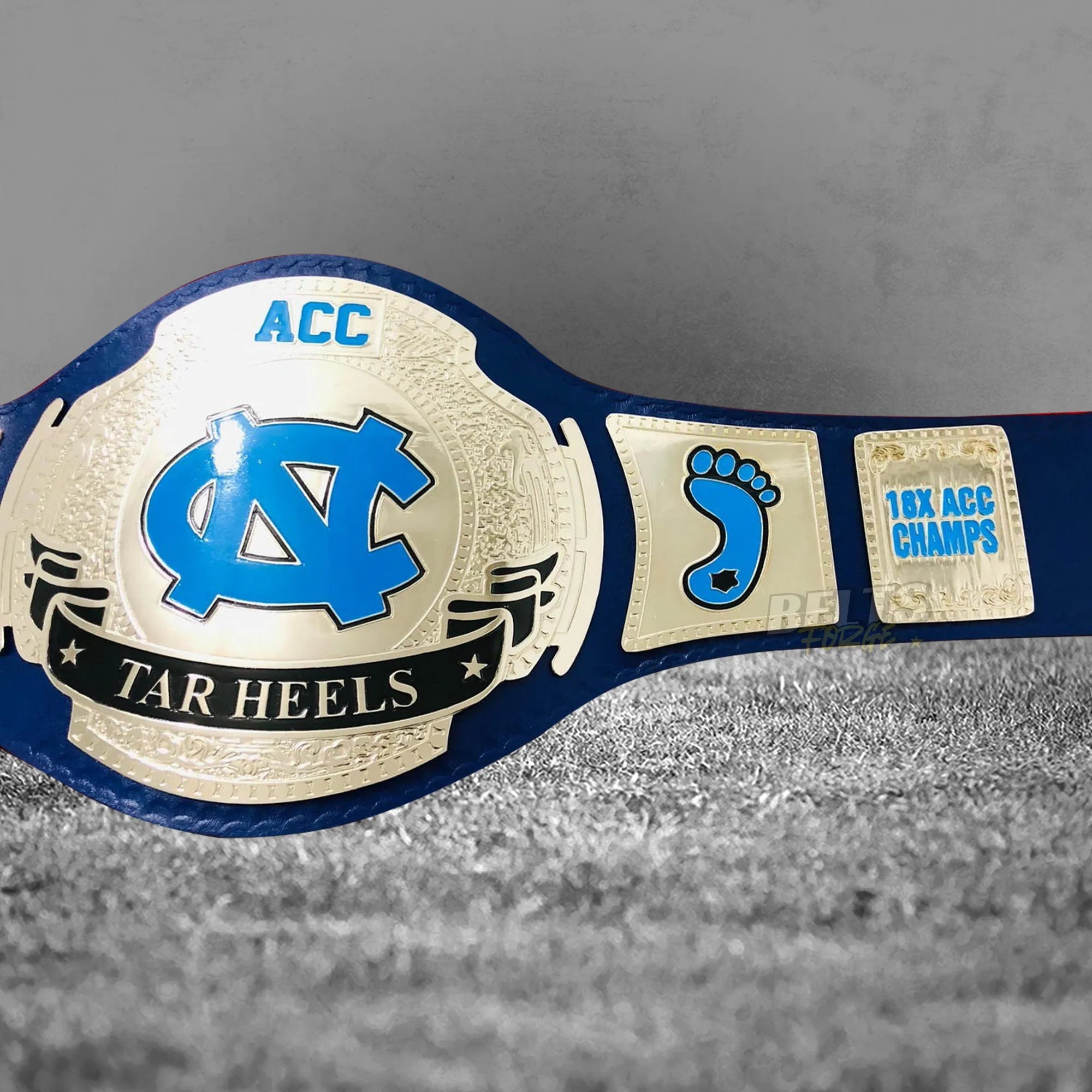 UNC Tar Heels ACC Championship Belt right side plate showing eighteen ACC championships and Tar Heel foot design close up
