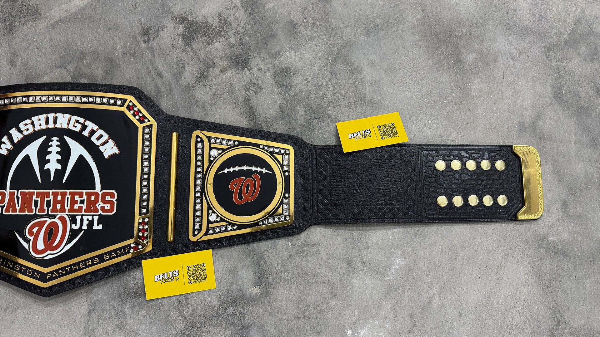 Washington Panthers JFL Football Championship Belt center and side plate detail showing gold-plated brass plate arrangement