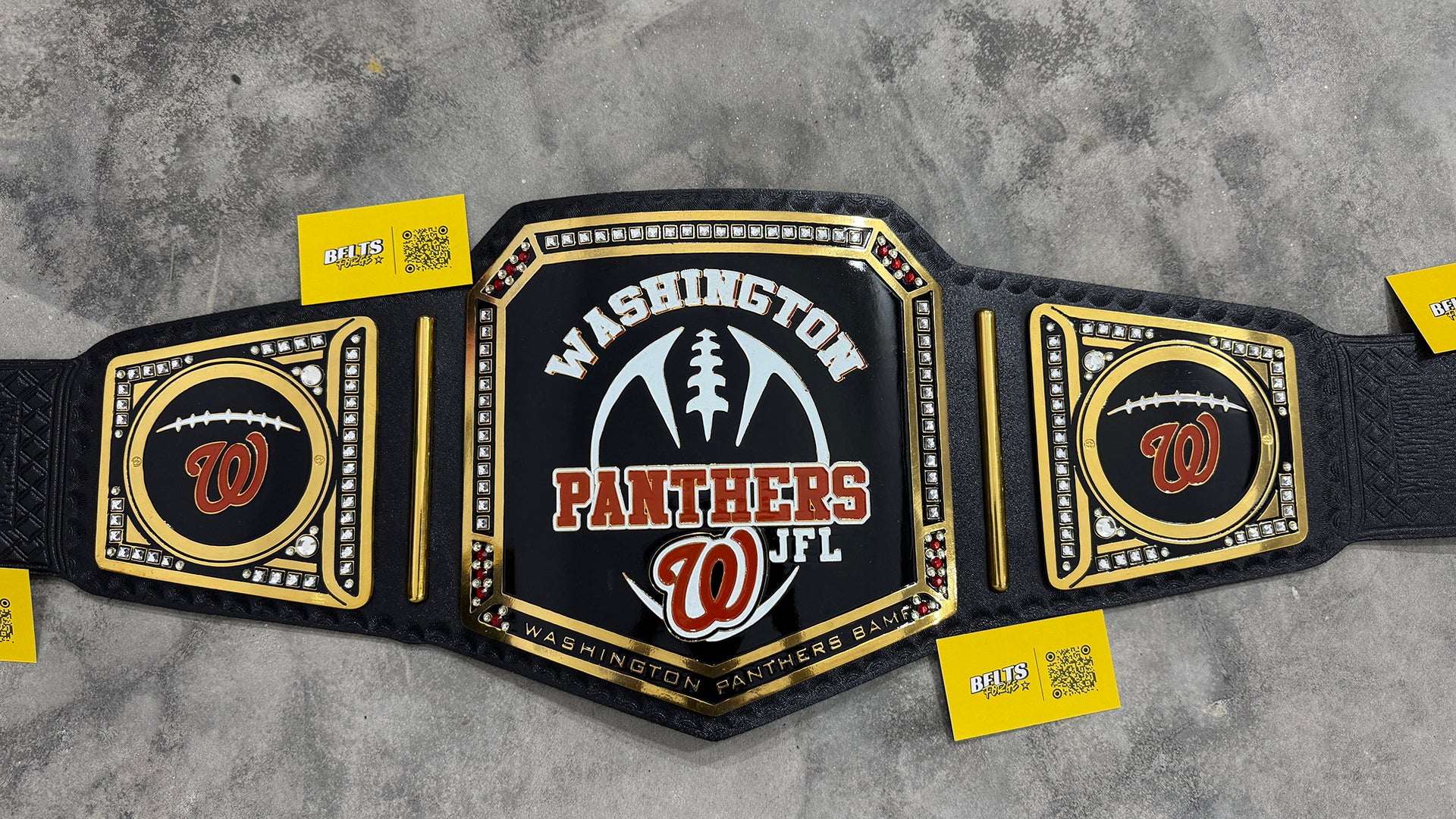 Washington Panthers JFL Football Championship Belt front view, gold-plated brass main plate on genuine black leather strap