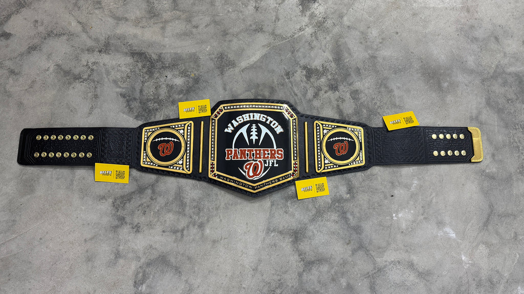 Washington Panthers JFL Football Championship Belt full flat lay display view showing complete gold-plated plates on leather strap