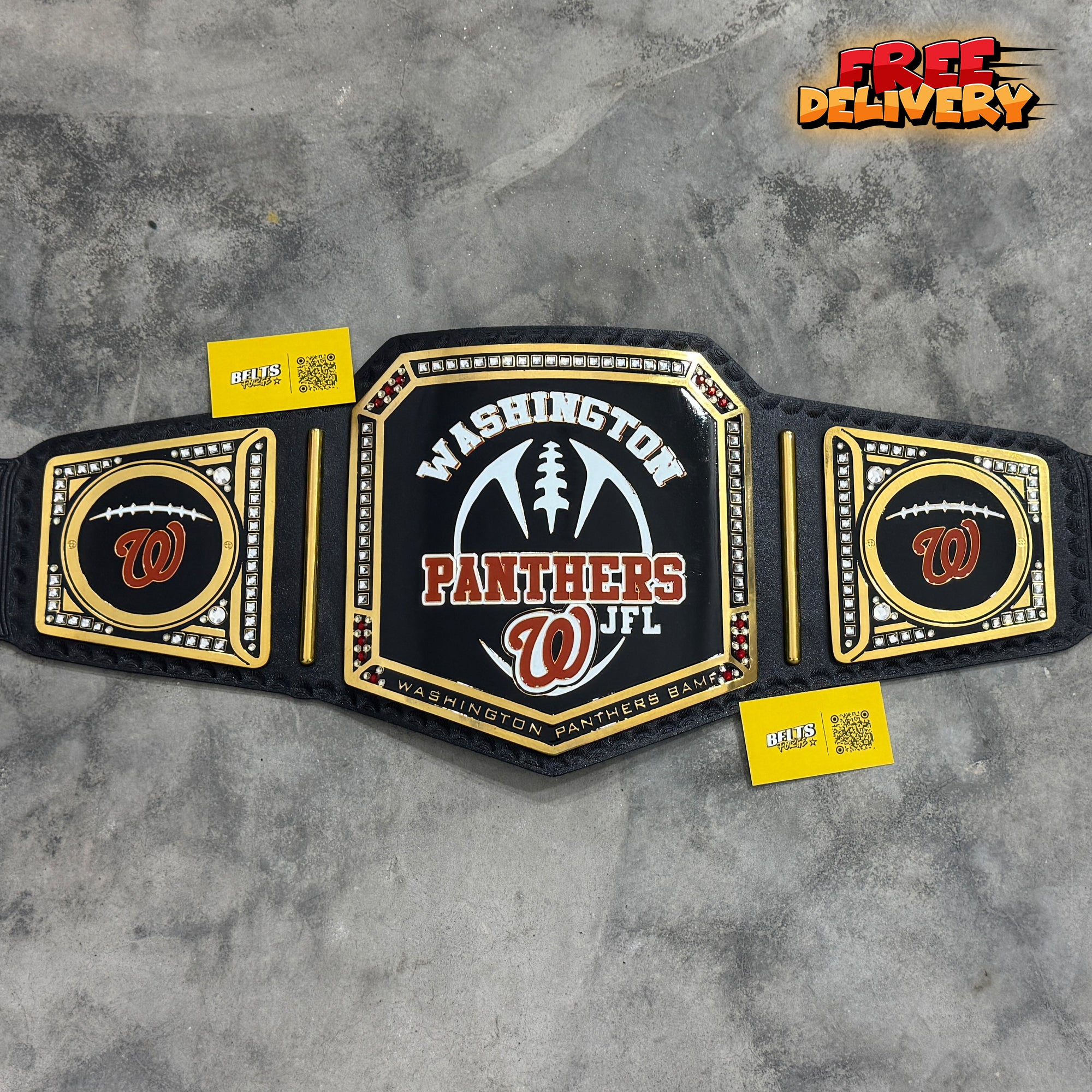 Washington Panthers JFL Football Championship Belt promotional front view, gold-plated brass Panthers plate on genuine leather strap by Belts Forge