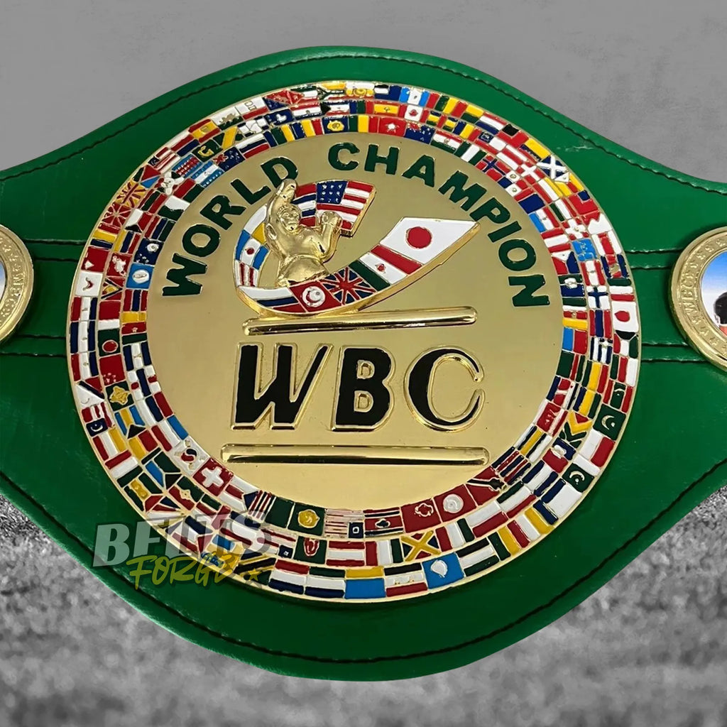 WBC World Boxing Championship Belt center plate close-up showing CNC-engraved gold-plated brass WBC globe design