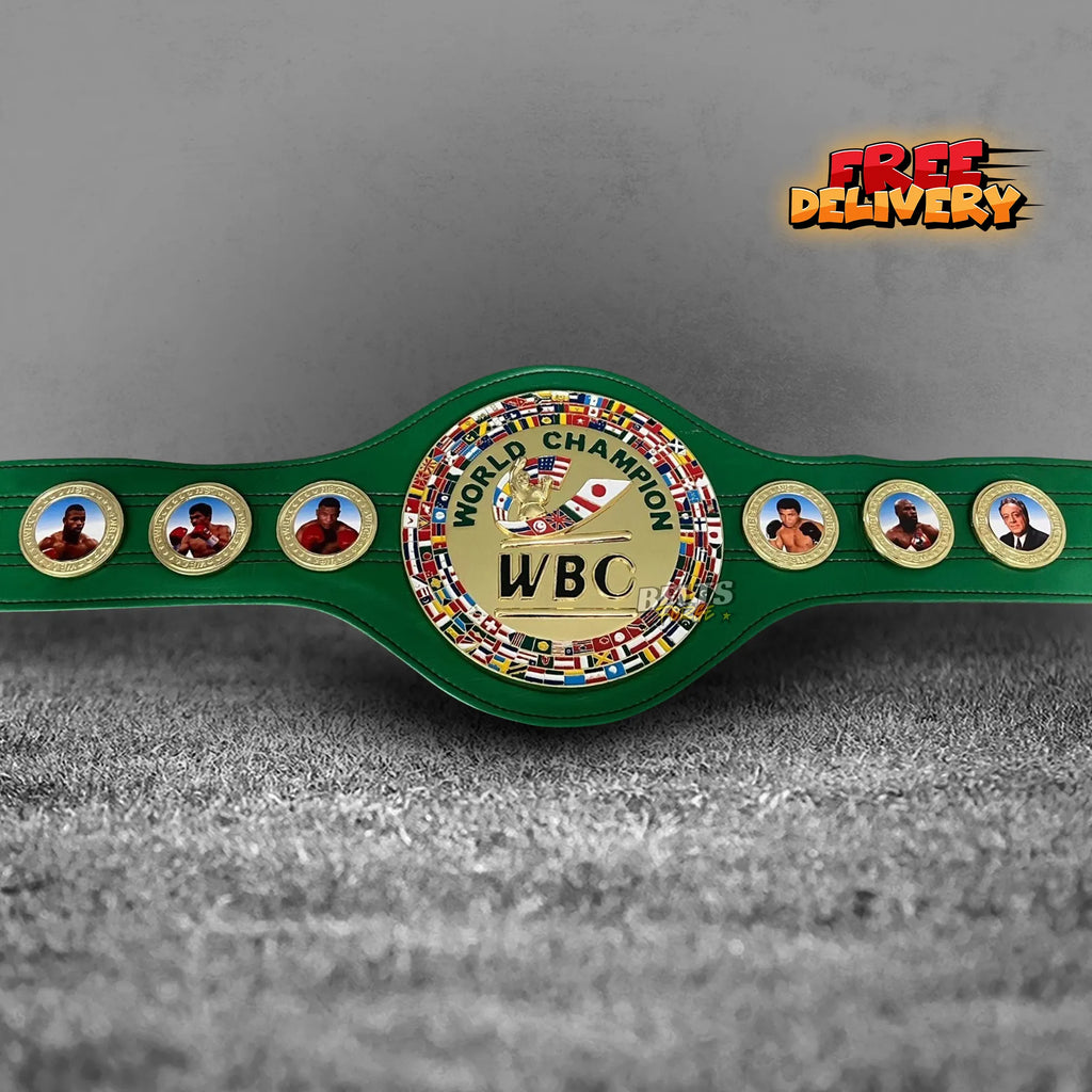 WBC World Boxing Championship Belt replica front view, gold-plated brass globe main plate on genuine green leather strap by Belts Forge