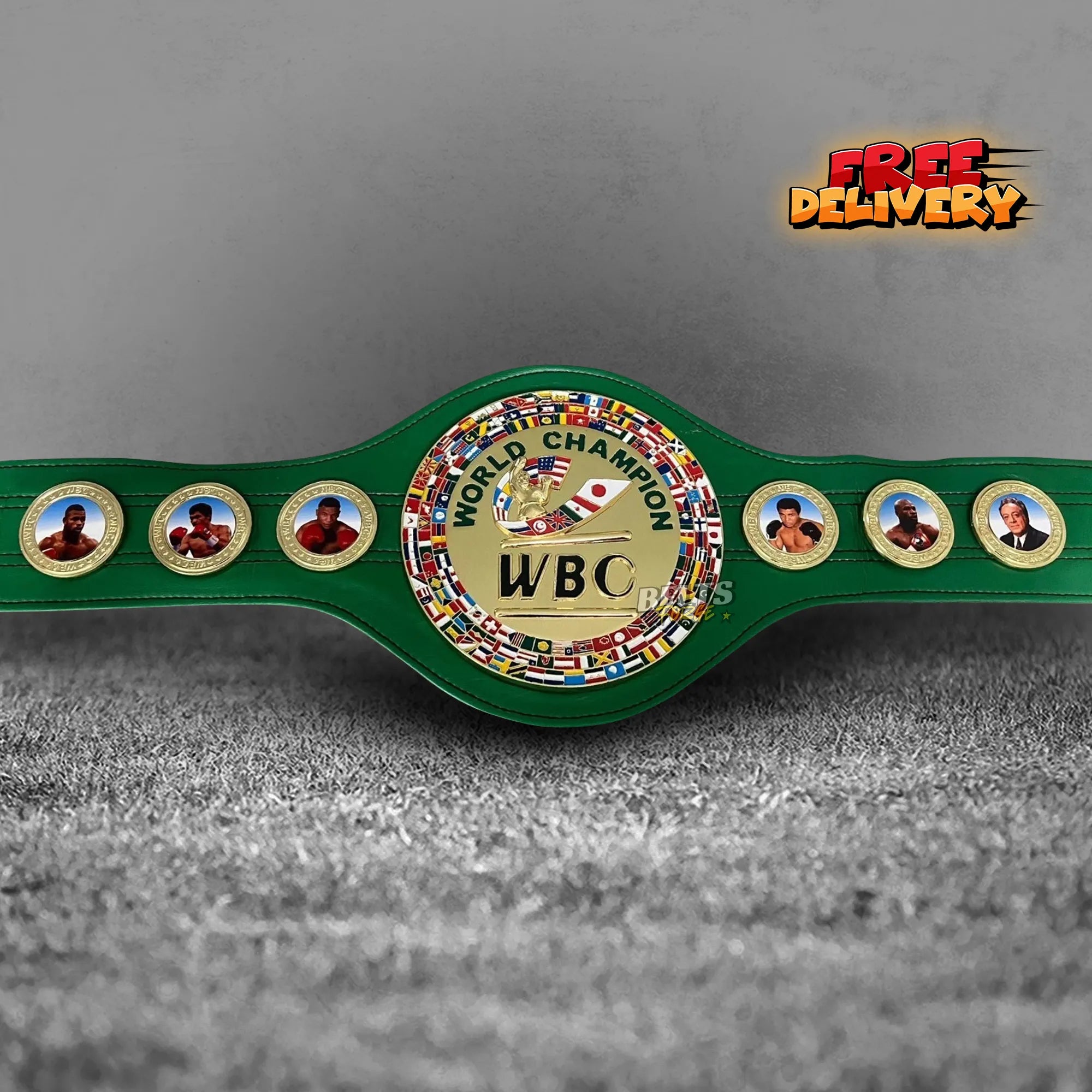 WBC World Boxing Championship Belt replica front view, gold-plated brass globe main plate on genuine green leather strap by Belts Forge