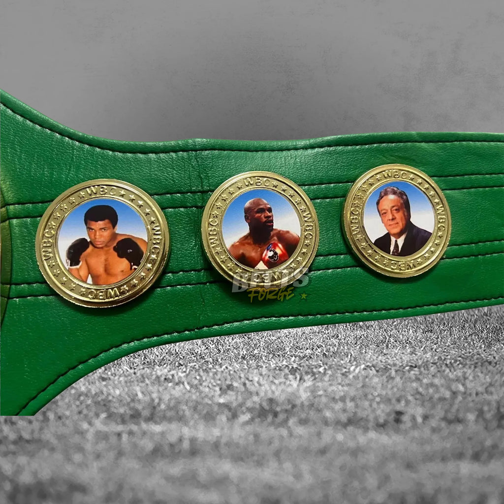 WBC World Boxing Championship Belt strap medallions close-up showing gold-plated brass side medallions on green leather