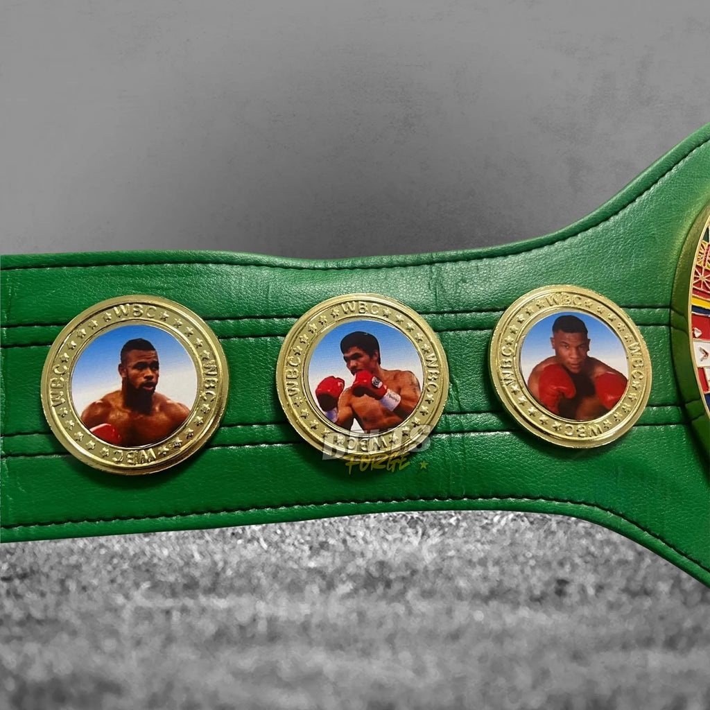 WBC World Boxing Championship Belt strap alternate medallion detail showing gold hardware and green leather texture