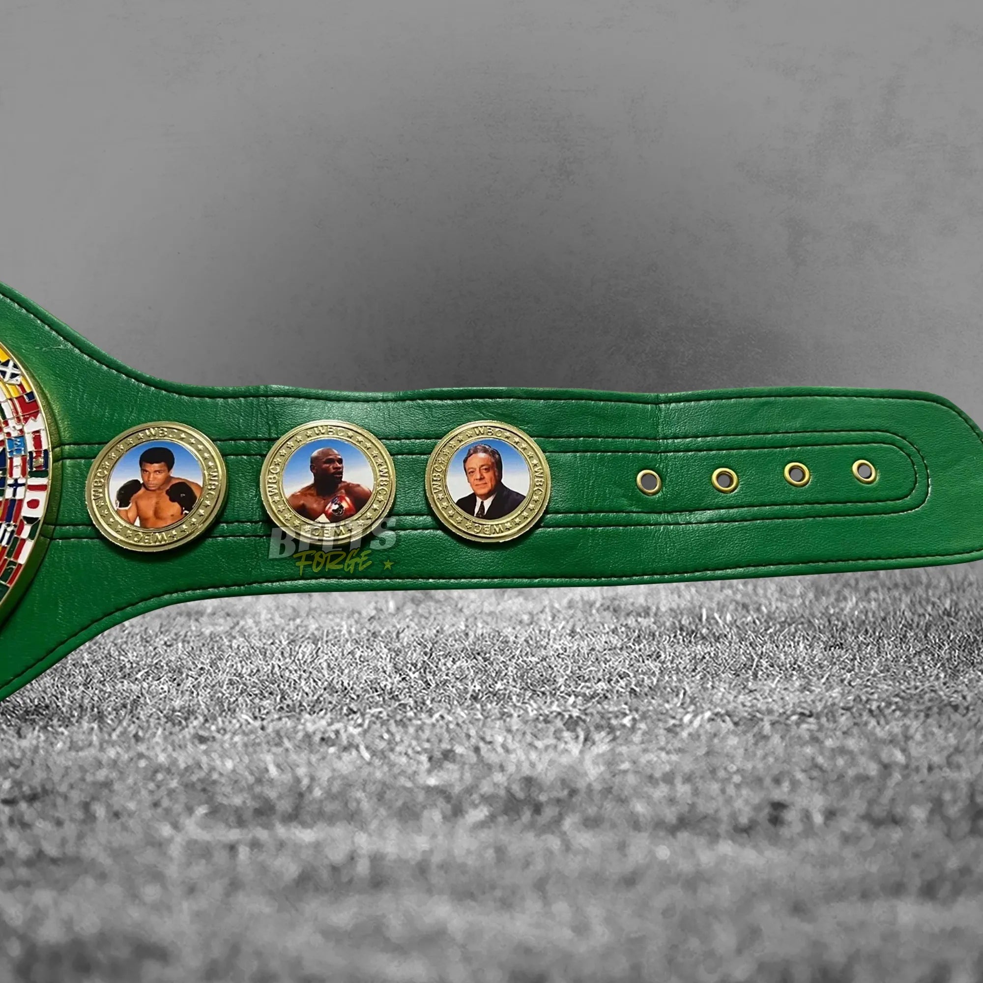 WBC World Boxing Championship Belt strap medallion detail showing gold brass medallion plate on genuine green leather strap