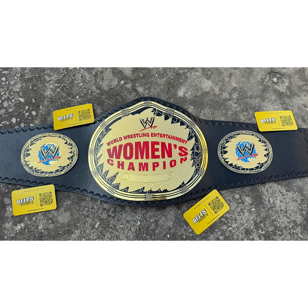 Women's wrestling championship belt replica worn at waist, 52 inch black and gold leather strap