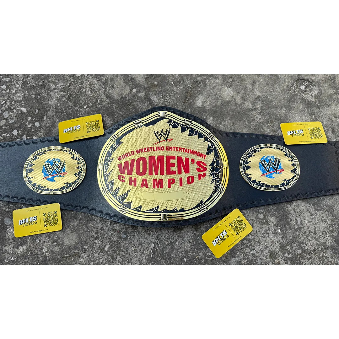 Women's wrestling championship belt replica worn at waist, 52 inch black and gold leather strap