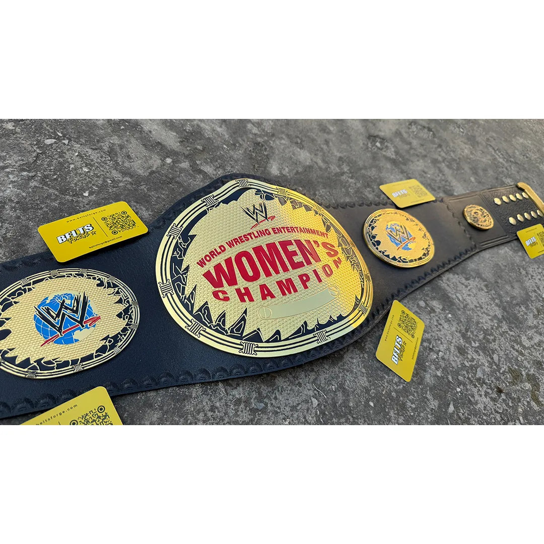 Genuine cowhide leather strap and brass button closure on women's wrestling championship belt