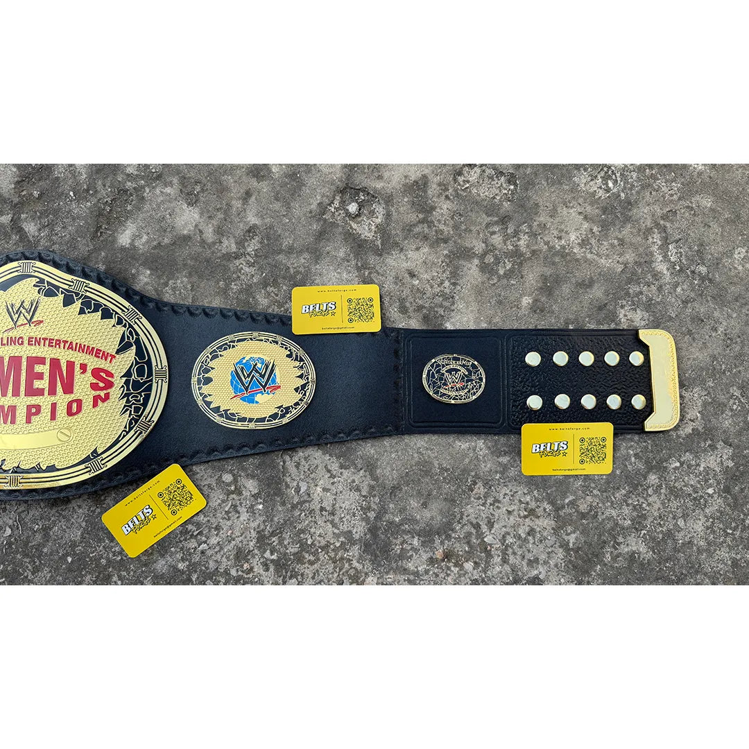 Full adult-size women's wrestling championship belt replica laid flat by Belts Forge