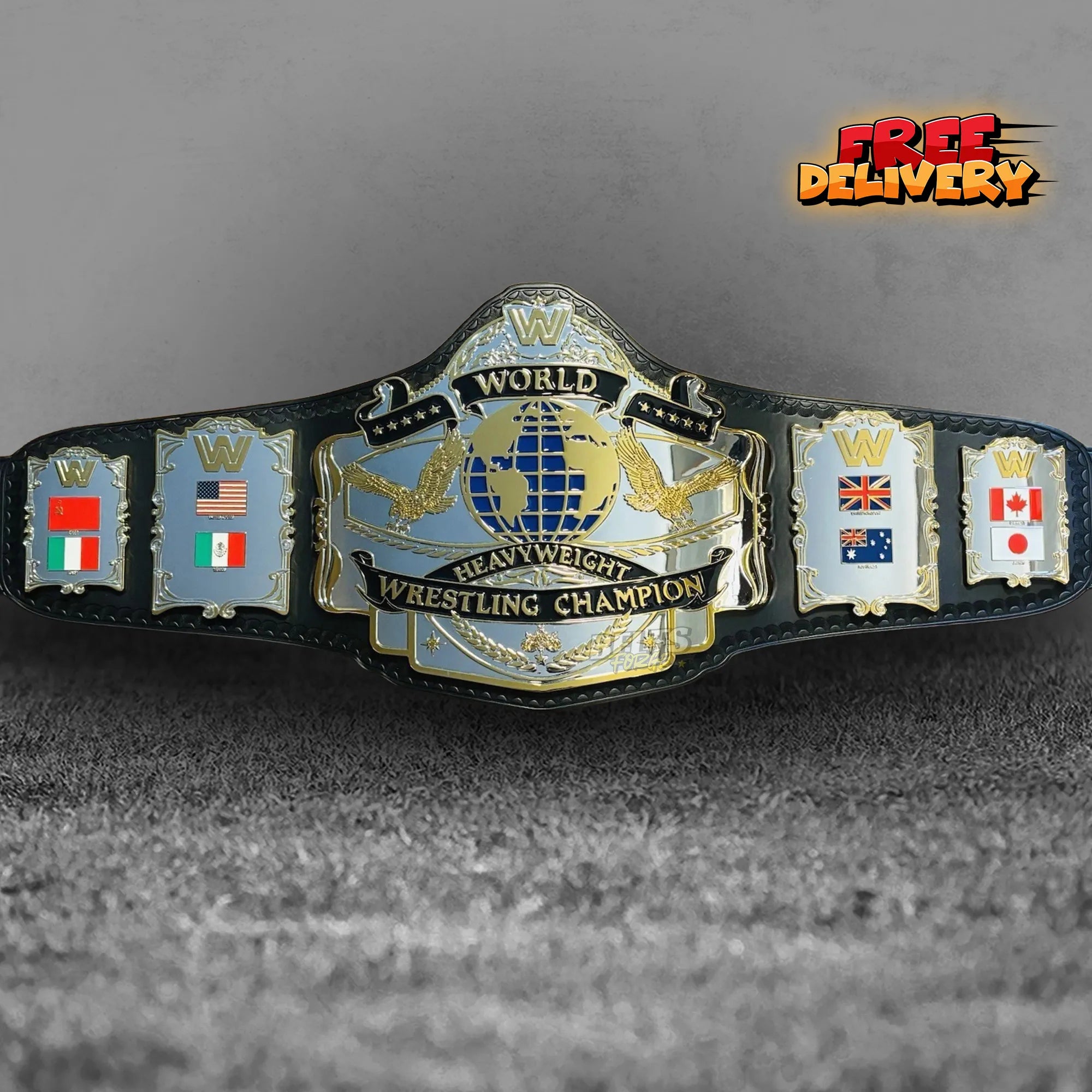 Golden Era 87 World Heavyweight Championship Belt replica front view, silver chrome-plated brass main plate on genuine black leather strap by Belts Forge