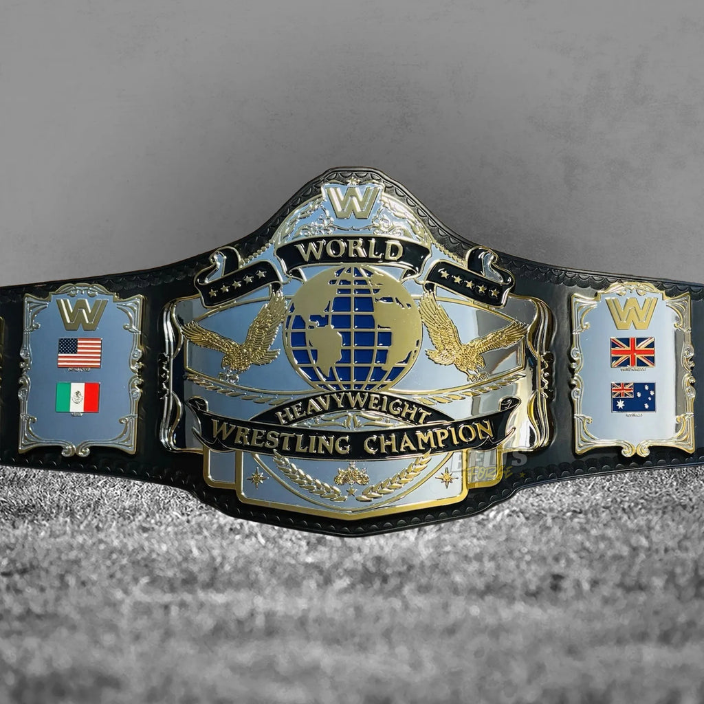 Golden Era 87 World Heavyweight Championship Belt full front view showing complete silver chrome-plated brass plates on genuine leather strap