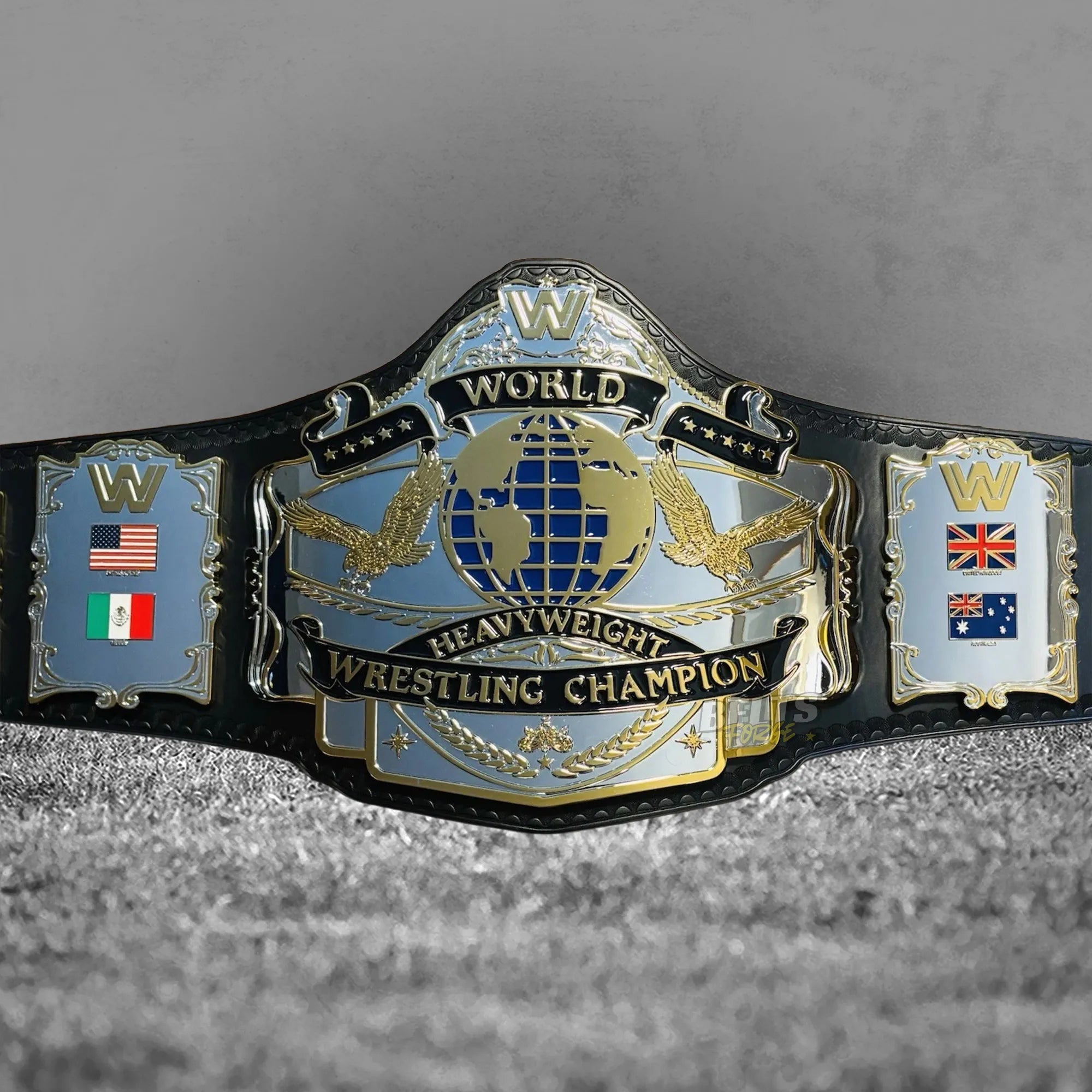 Golden Era 87 World Heavyweight Championship Belt full front view showing complete silver chrome-plated brass plates on genuine leather strap