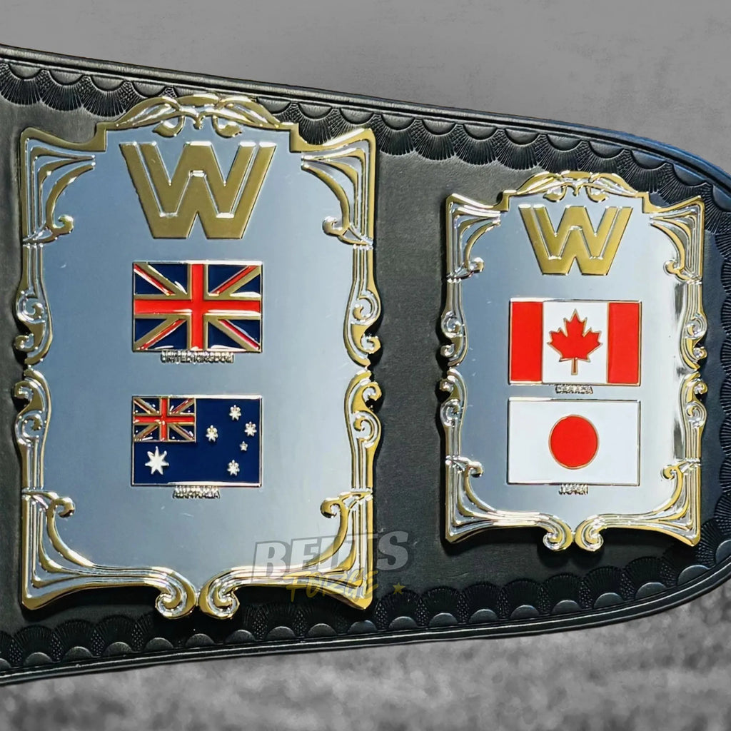 Golden Era 87 World Heavyweight Championship Belt UK and Australia enamel flag side plates detail on genuine black leather strap
