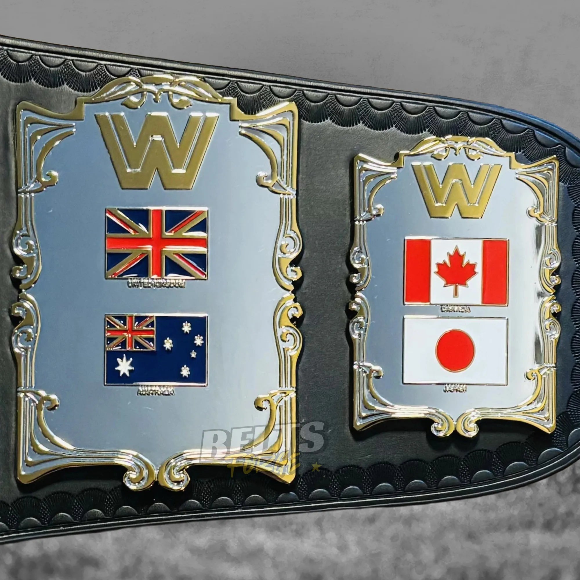 Golden Era 87 World Heavyweight Championship Belt UK and Australia enamel flag side plates detail on genuine black leather strap