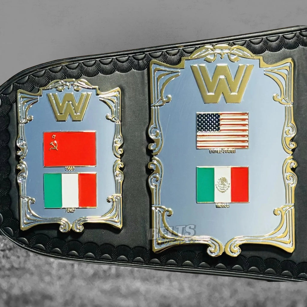 Golden Era 87 World Heavyweight Championship Belt USSR and USA enamel flag side plates detail on genuine black leather strap