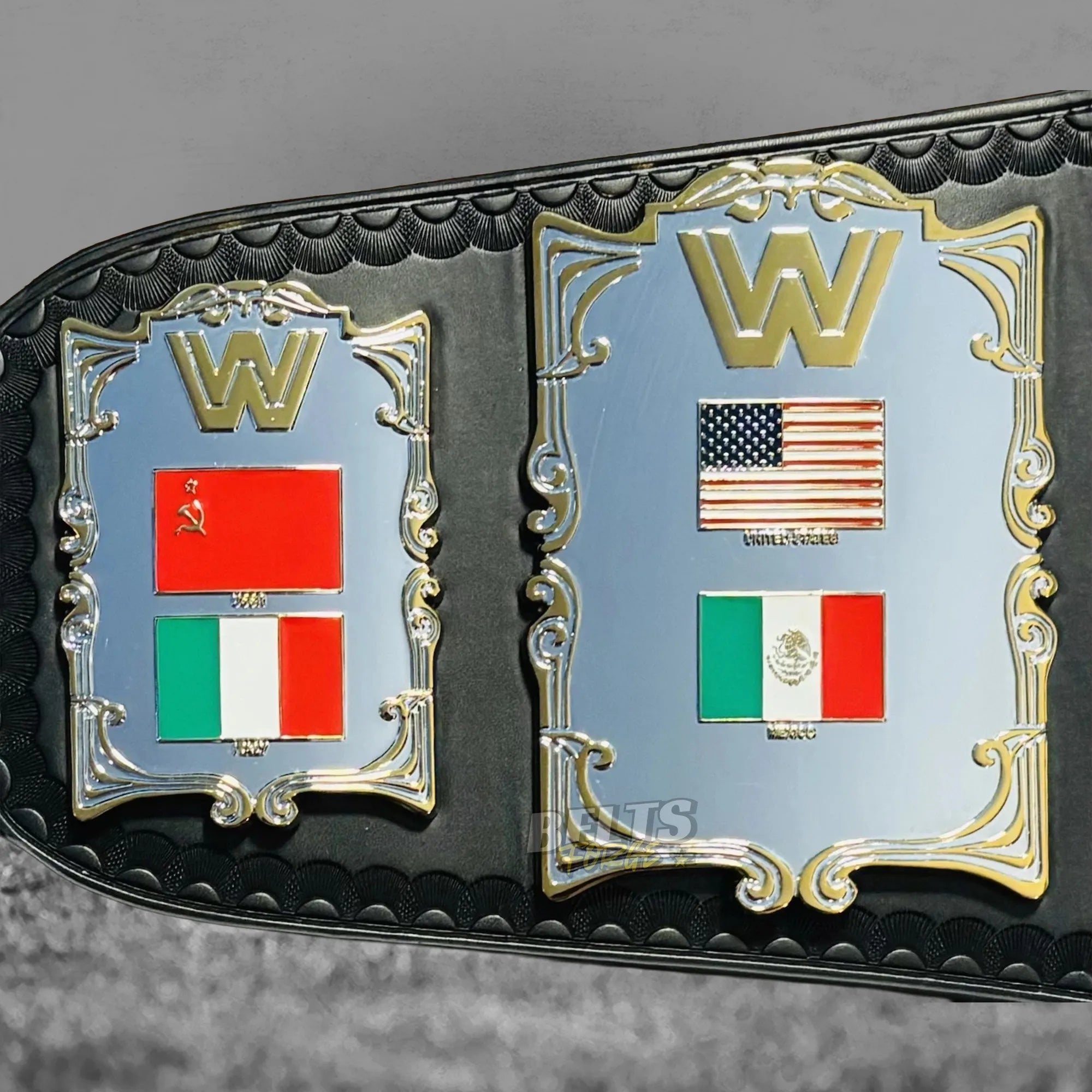 Golden Era 87 World Heavyweight Championship Belt USSR and USA enamel flag side plates detail on genuine black leather strap