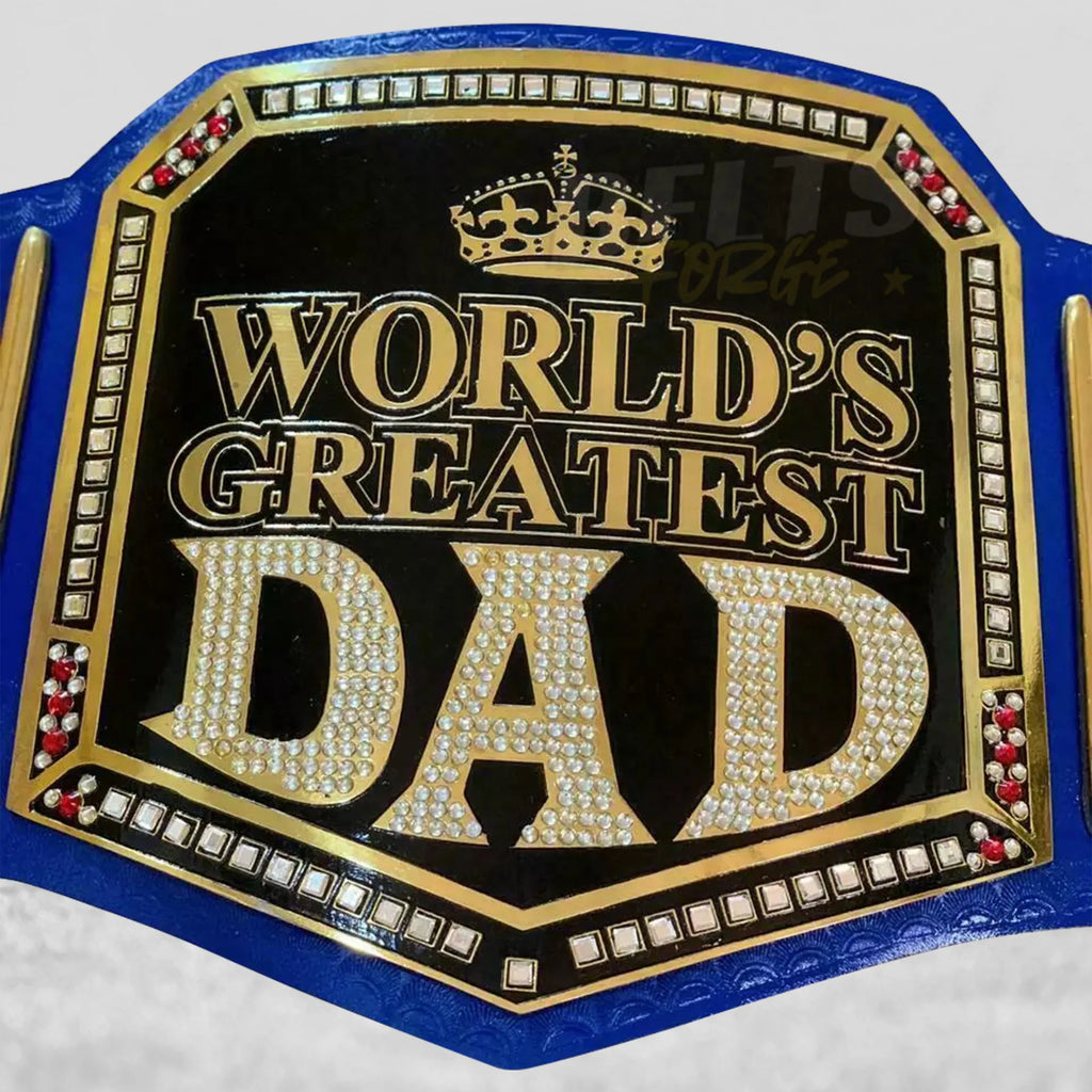World's Greatest Dad Championship Belt center plate close-up showing CNC-engraved gold-plated brass World's Greatest Dad design