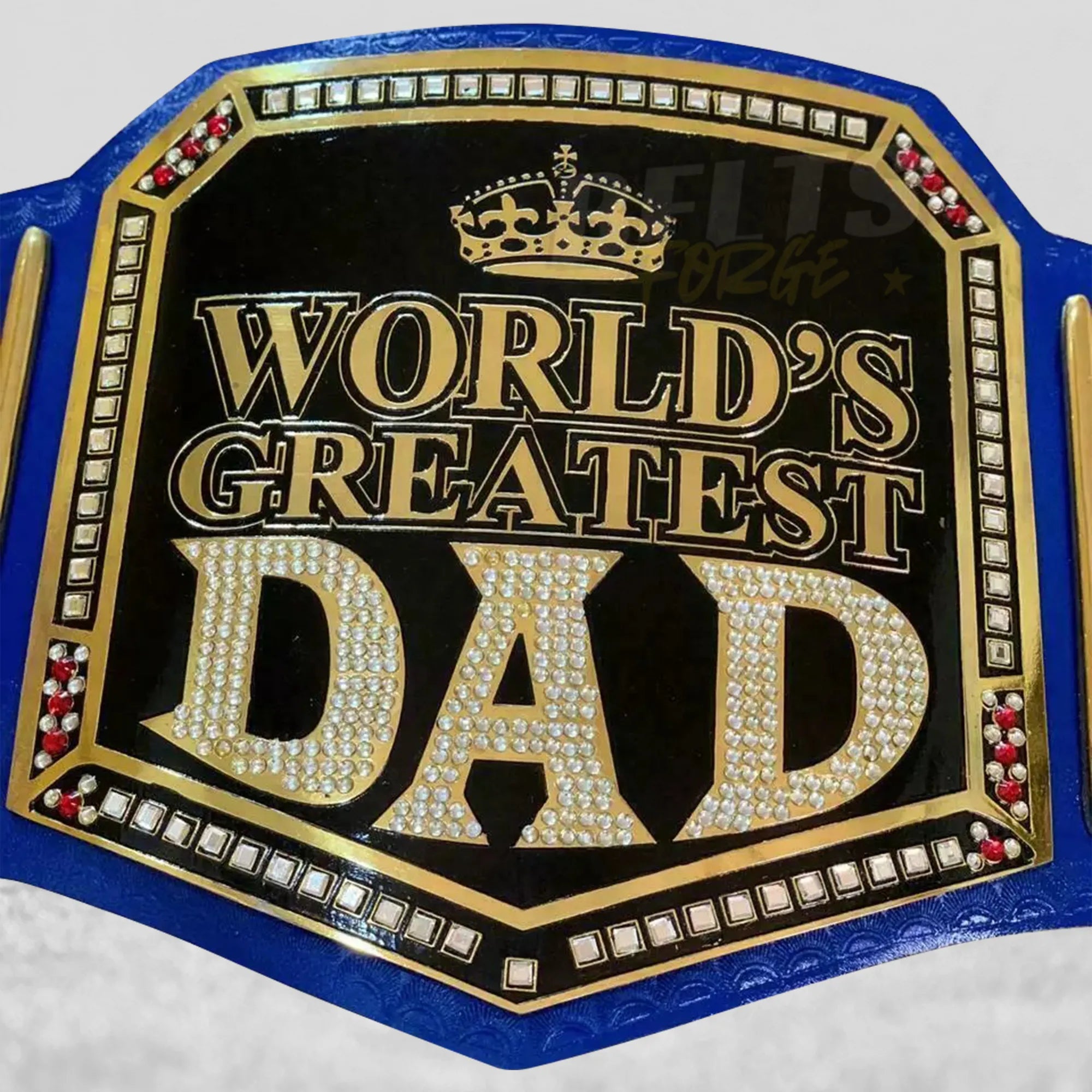 World's Greatest Dad Championship Belt center plate close-up showing CNC-engraved gold-plated brass World's Greatest Dad design