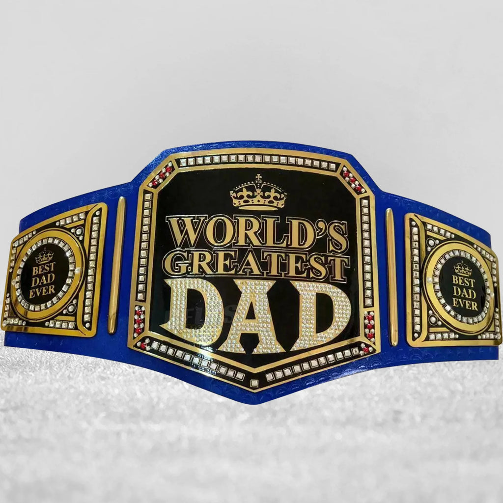 World's Greatest Dad Championship Belt full front view showing gold-plated brass plates and genuine blue leather strap full display