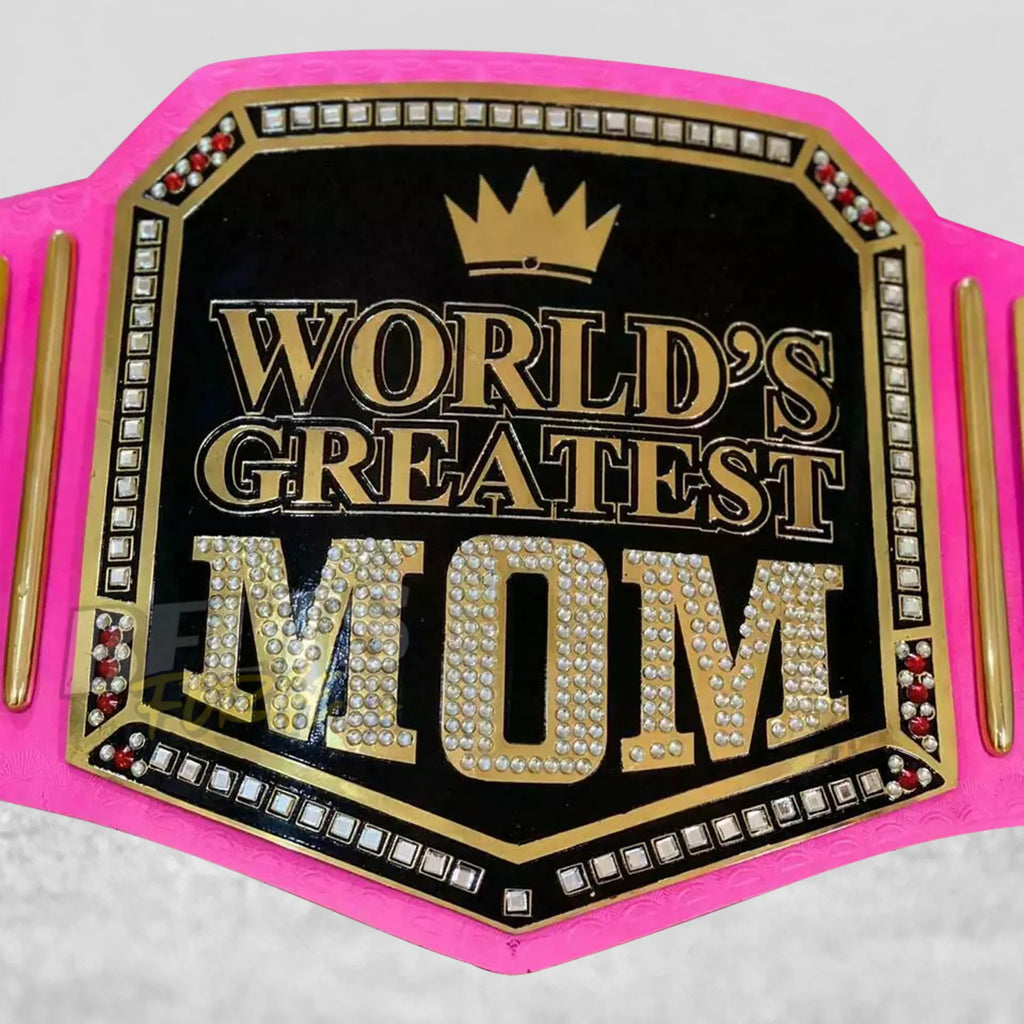 World's Greatest Mom Championship Belt angled center plate close-up showing gold brass engraving and championship design detail
