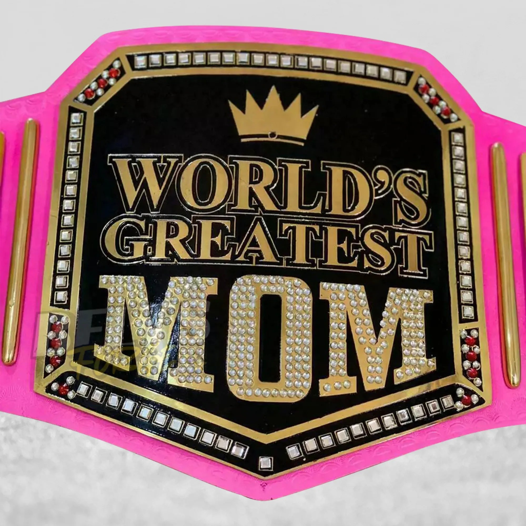 World's Greatest Mom Championship Belt angled center plate close-up showing gold brass engraving and championship design detail