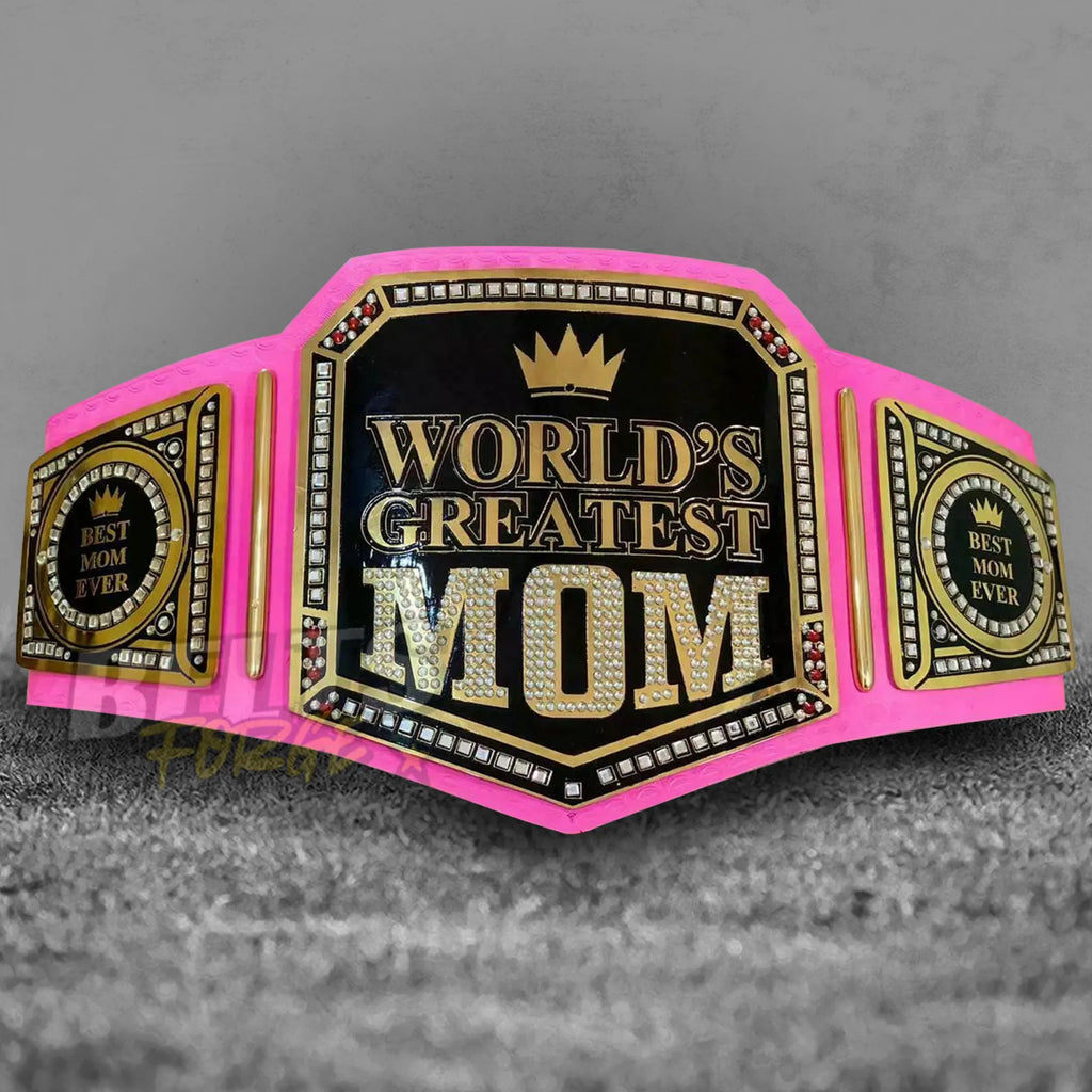 World's Greatest Mom Championship Belt center plate detail showing CNC-engraved gold-plated brass World's Greatest Mom design
