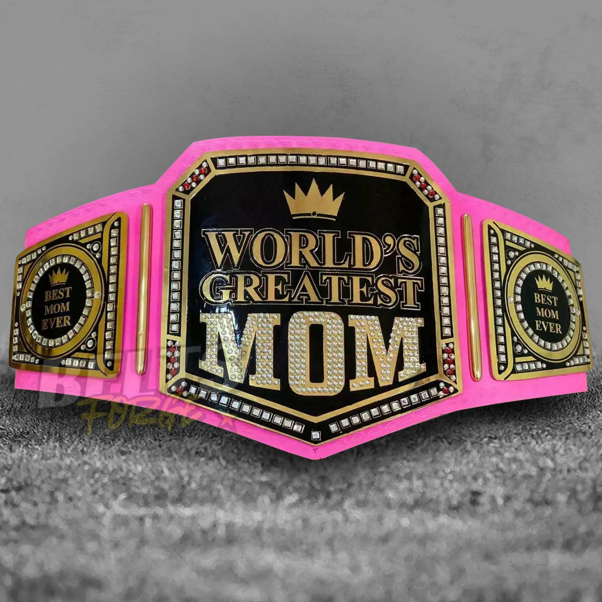 World's Greatest Mom Championship Belt center plate detail showing CNC-engraved gold-plated brass World's Greatest Mom design