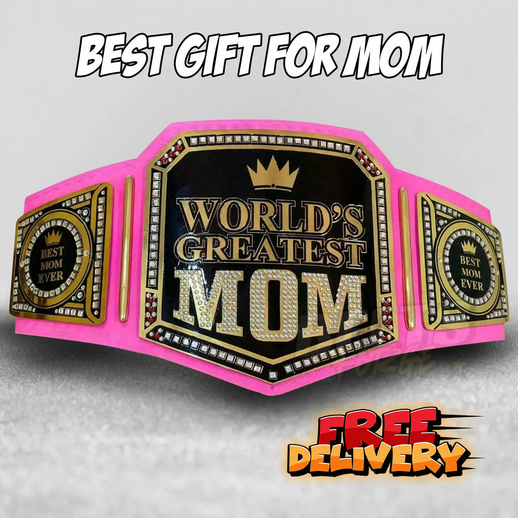 World's Greatest Mom Championship Belt front view, gold-plated brass main plate on genuine black leather strap, perfect Mother's Day gift by Belts Forge