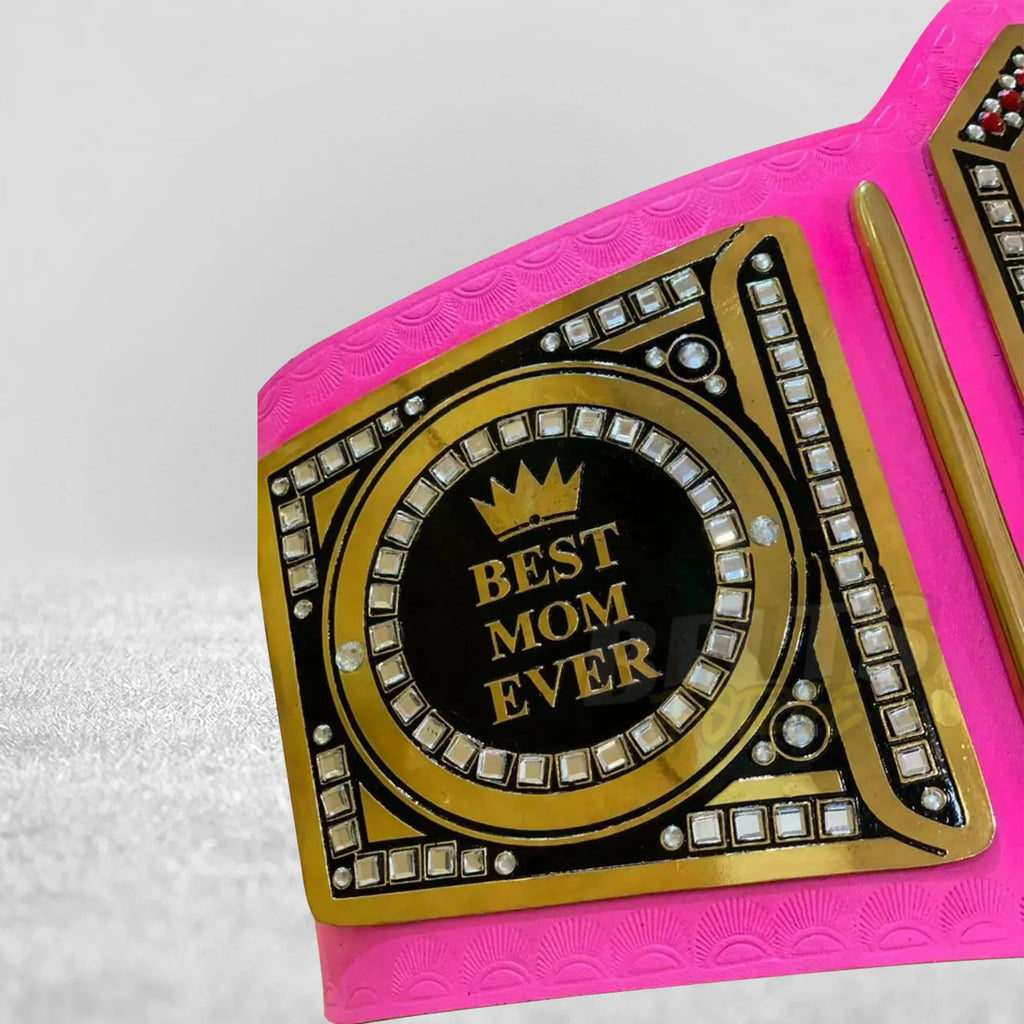 World's Greatest Mom Championship Belt side plate detail showing gold-plated brass side plate on genuine leather strap