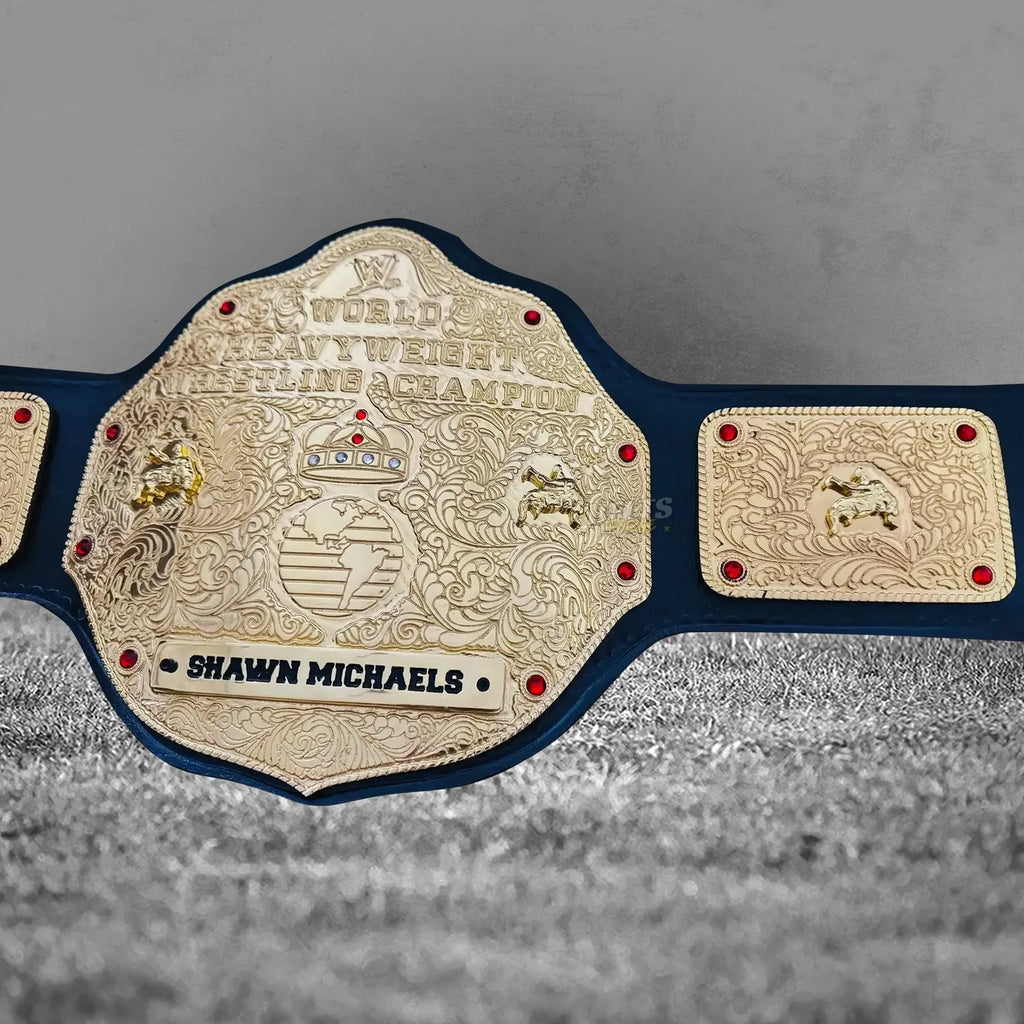 Big Gold Belt World Heavyweight Championship replica angled front view showing gold globe medallion and ornate brass plate design