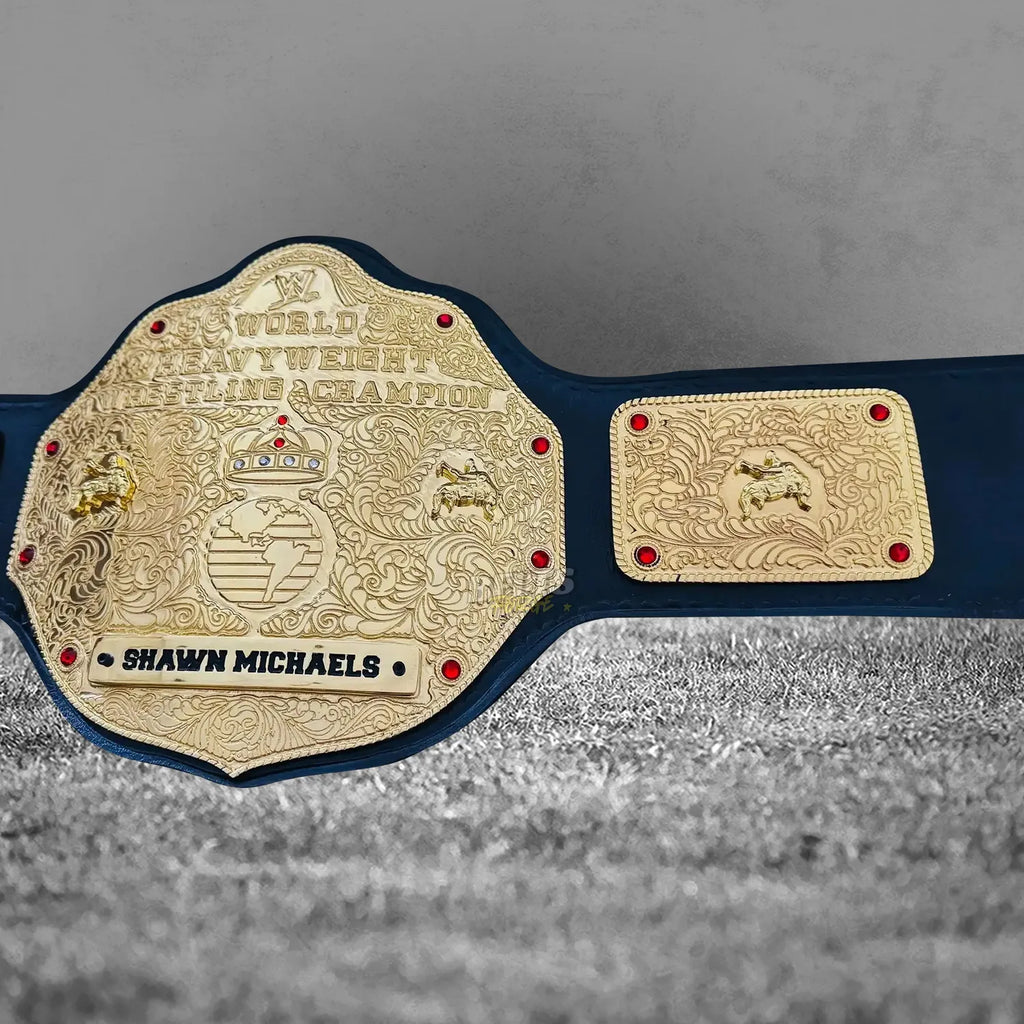 Big Gold Belt World Heavyweight Championship center plate and right side plate view showing full gold-plated brass plate arrangement