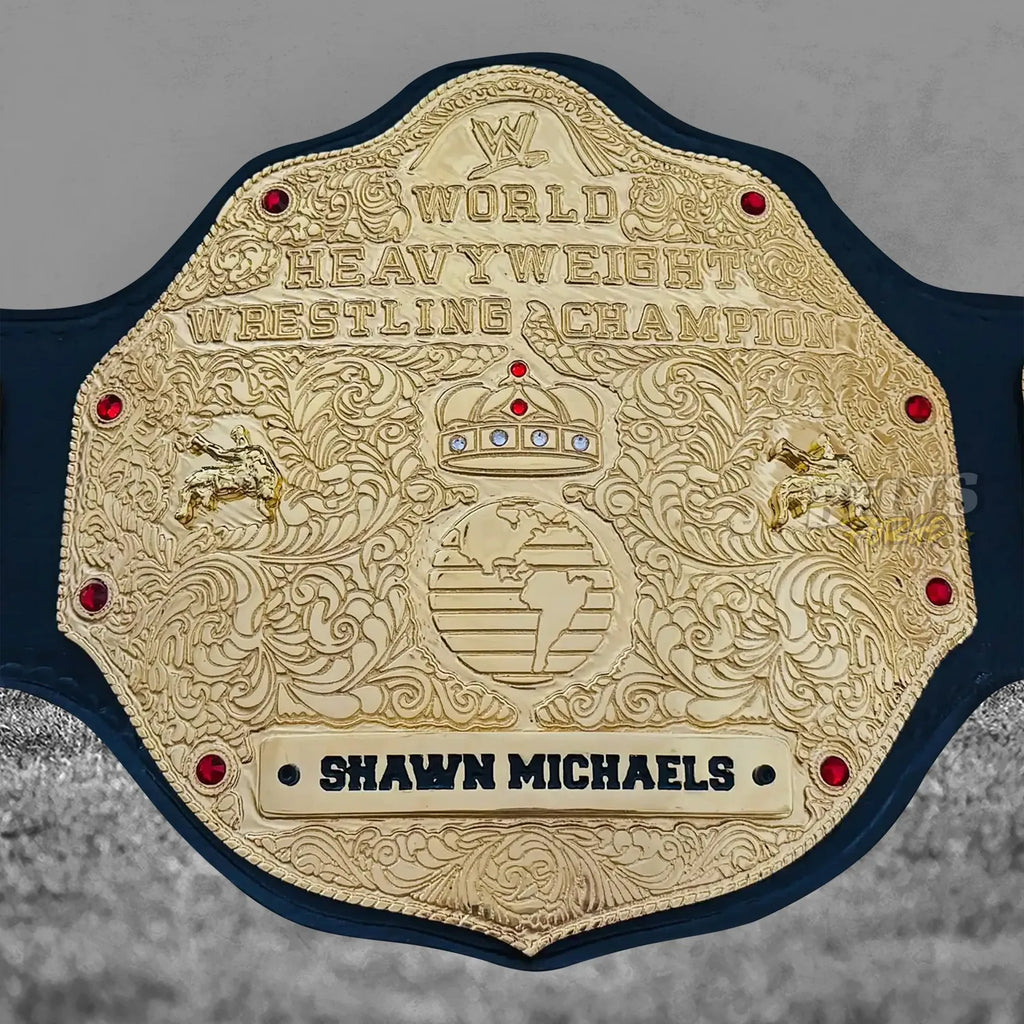 Big Gold Belt World Heavyweight Championship center plate close-up showing CNC-engraved gold brass globe medallion and world champion inscription