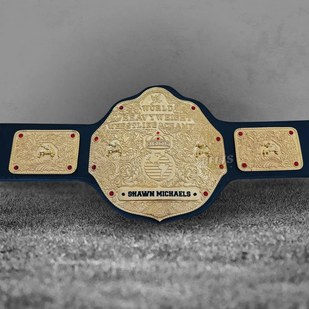 Big Gold Belt World Heavyweight Championship replica full front view, gold-plated brass globe medallion main plate on genuine black leather strap by Belts Forge