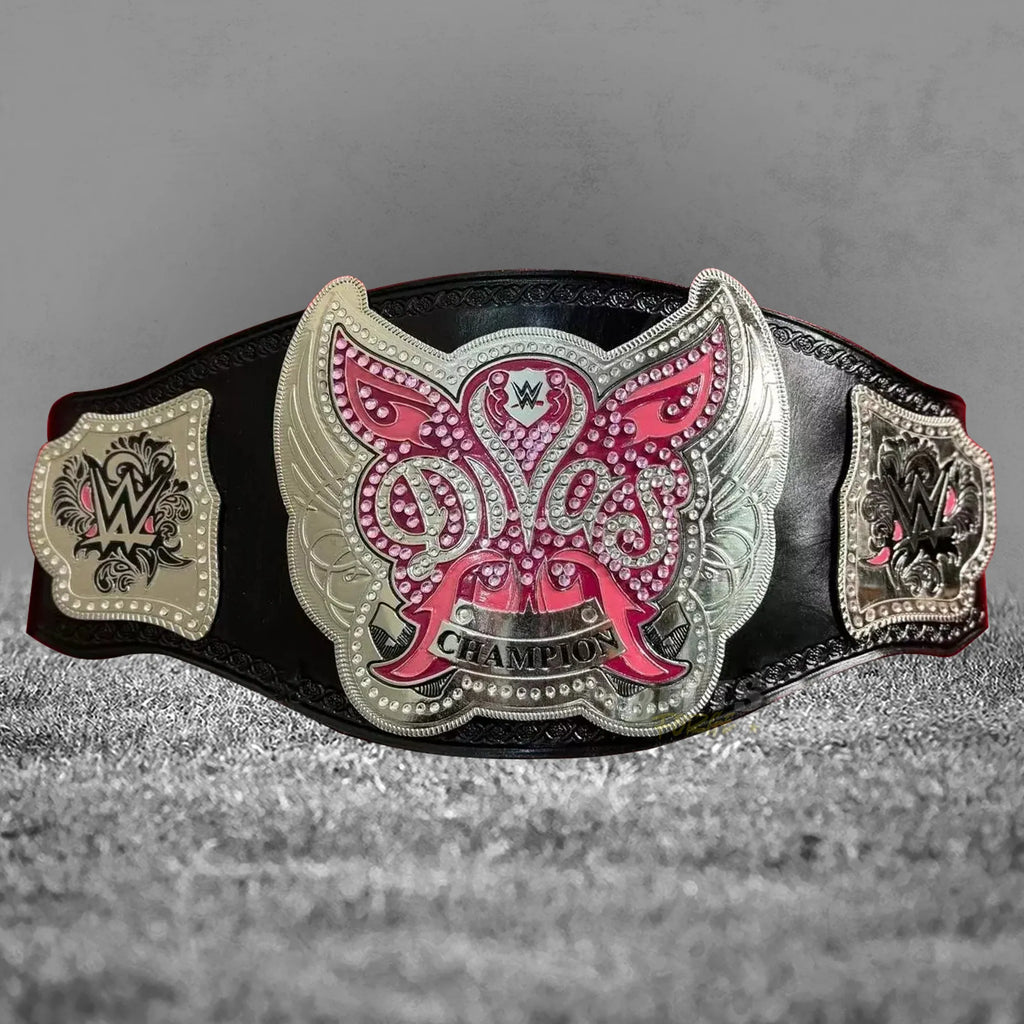 Divas Women's Championship Belt silver replica full front view showing complete silver-plated brass plates on genuine cowhide leather strap