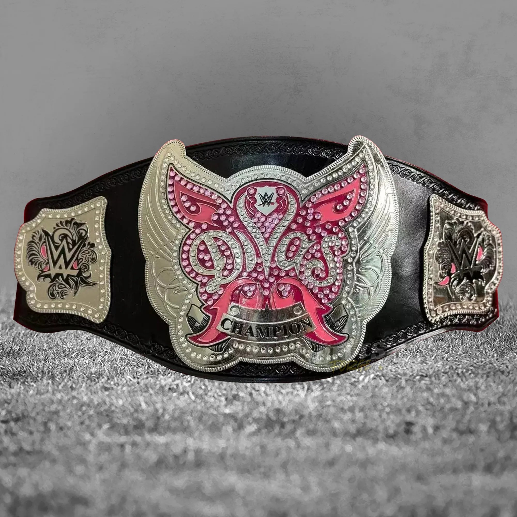 Divas Women's Championship Belt silver replica full front view showing complete silver-plated brass plates on genuine cowhide leather strap
