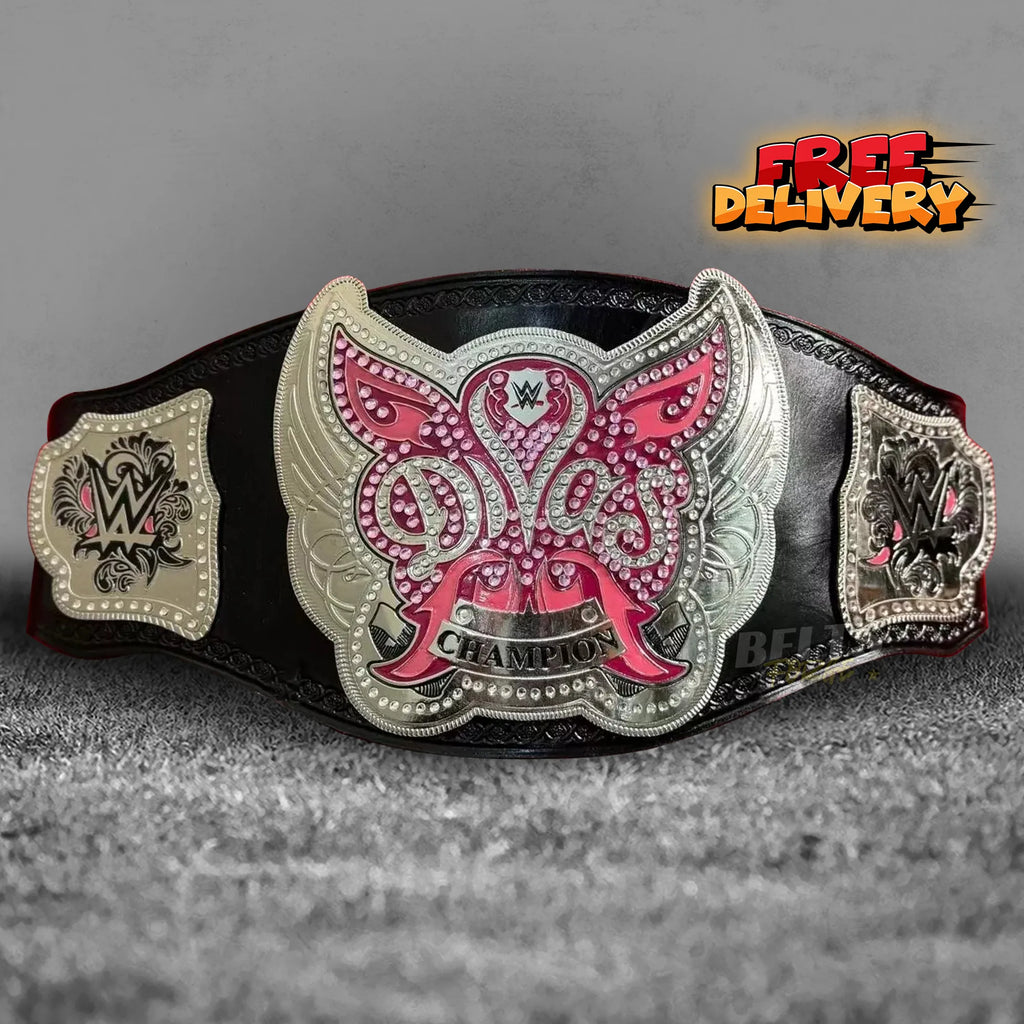 Divas Women's Championship Belt replica silver-plated brass plates with rhinestone accents, front promotional view on genuine leather strap