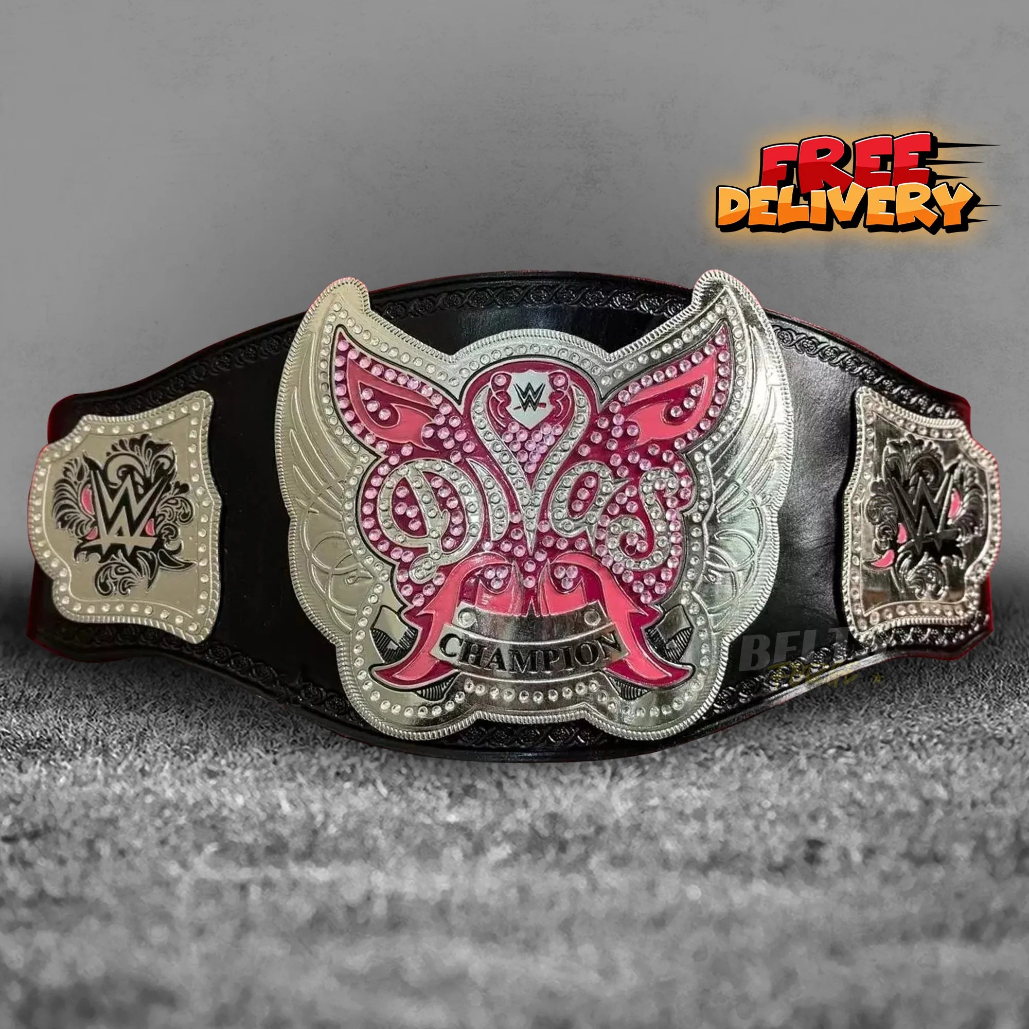 Divas Women's Championship Belt replica silver-plated brass plates with rhinestone accents, front promotional view on genuine leather strap