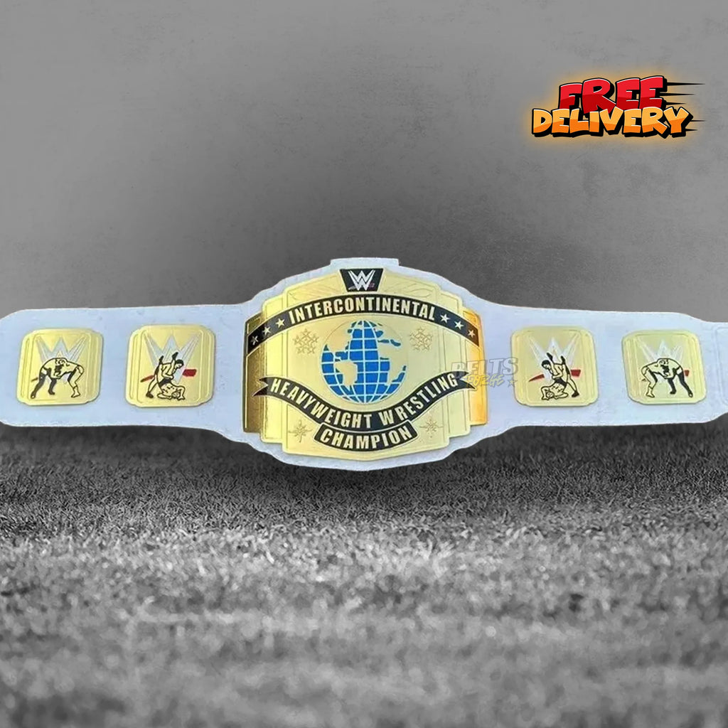 Intercontinental Heavyweight Championship Belt replica front view, gold-plated brass plates on genuine leather strap by Belts Forge