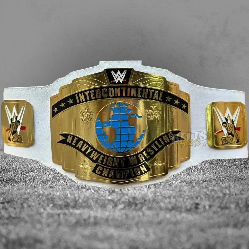 Intercontinental Heavyweight Championship Belt replica full display view, gold brass plates and genuine leather strap full length
