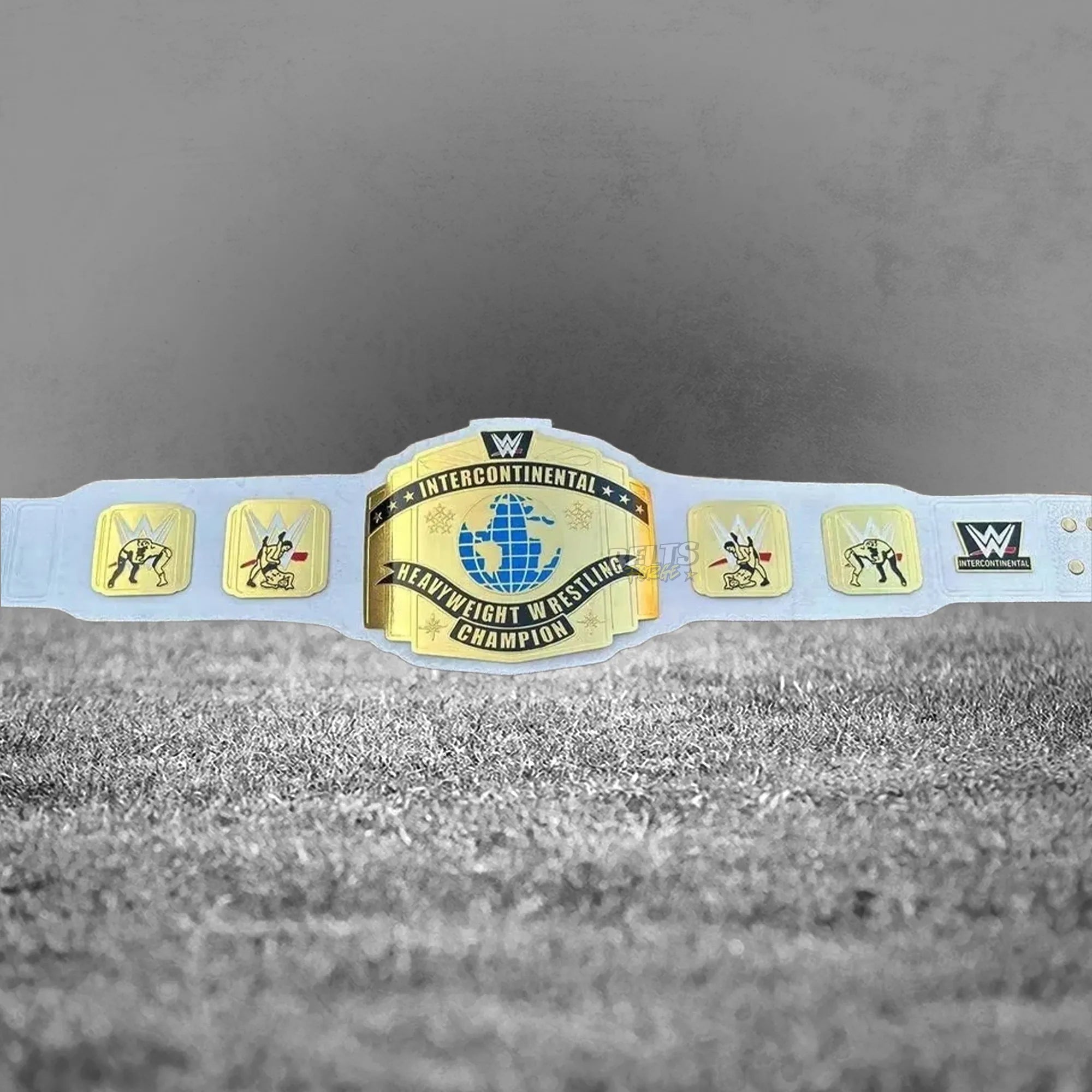 Intercontinental Heavyweight Championship Belt replica alternate front view, gold-plated brass main plate and side plates on leather