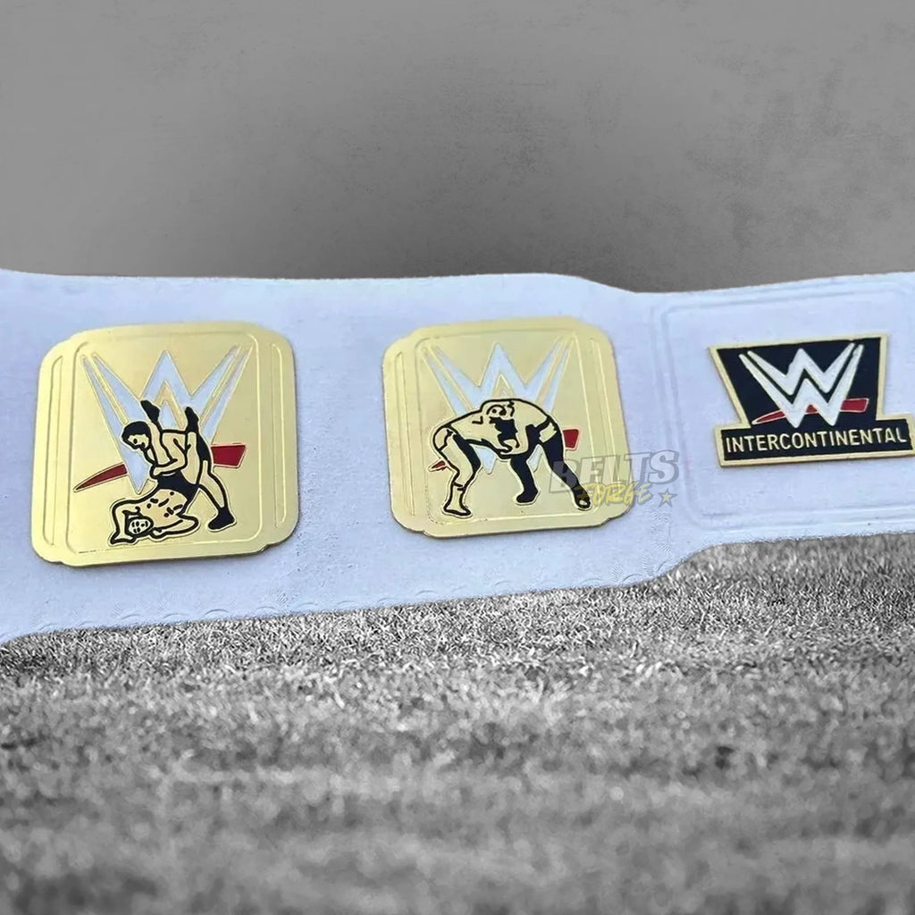 Intercontinental championship belt side plates and logo group detail showing full gold-plated brass plate arrangement by Belts Forge