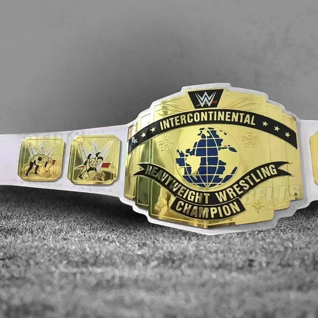 Intercontinental Championship Belt white strap angled center plate view showing gold-plated brass IC design on white leather