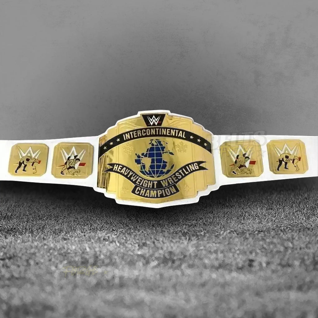 Intercontinental Championship Belt white strap front view, full gold-plated brass plates on genuine white leather strap display