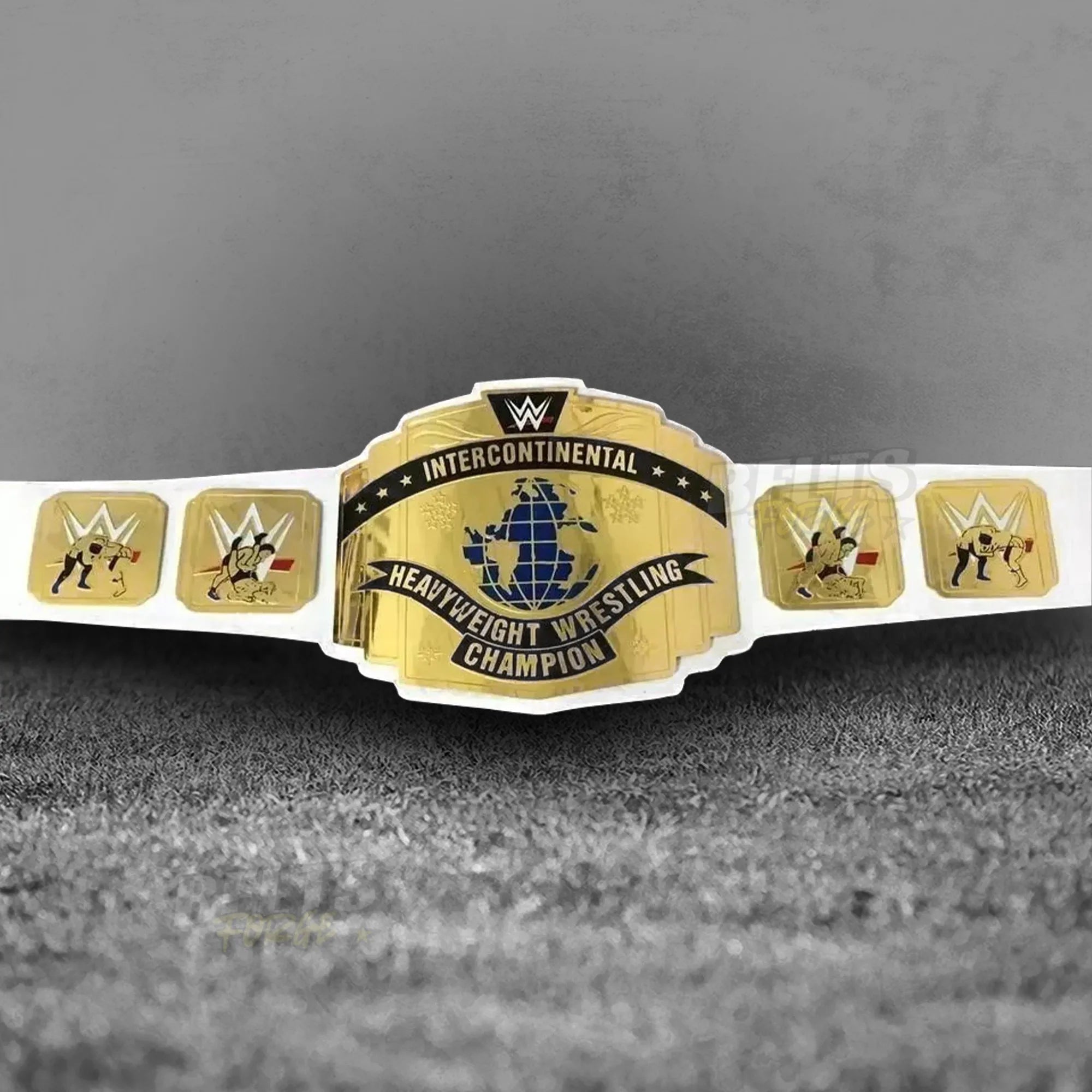 Intercontinental Championship Belt white strap front view, full gold-plated brass plates on genuine white leather strap display