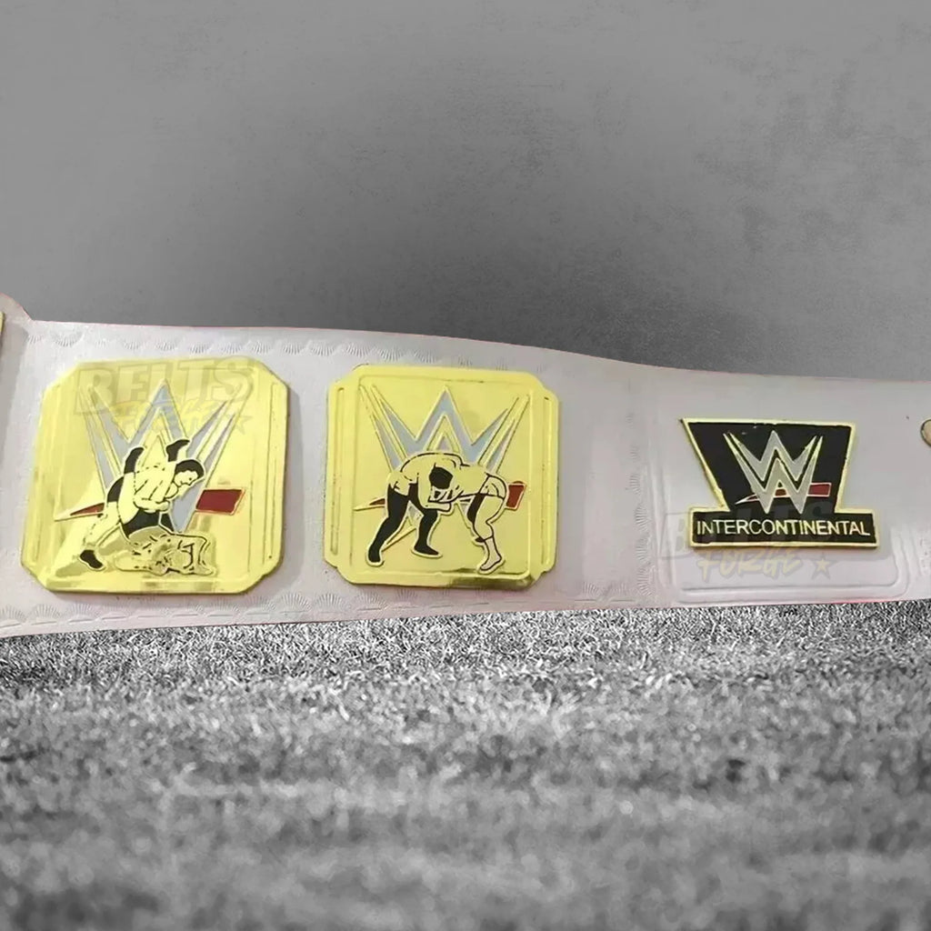 Intercontinental Championship Belt left side plates close-up showing gold-plated brass IC side plates on genuine white leather strap