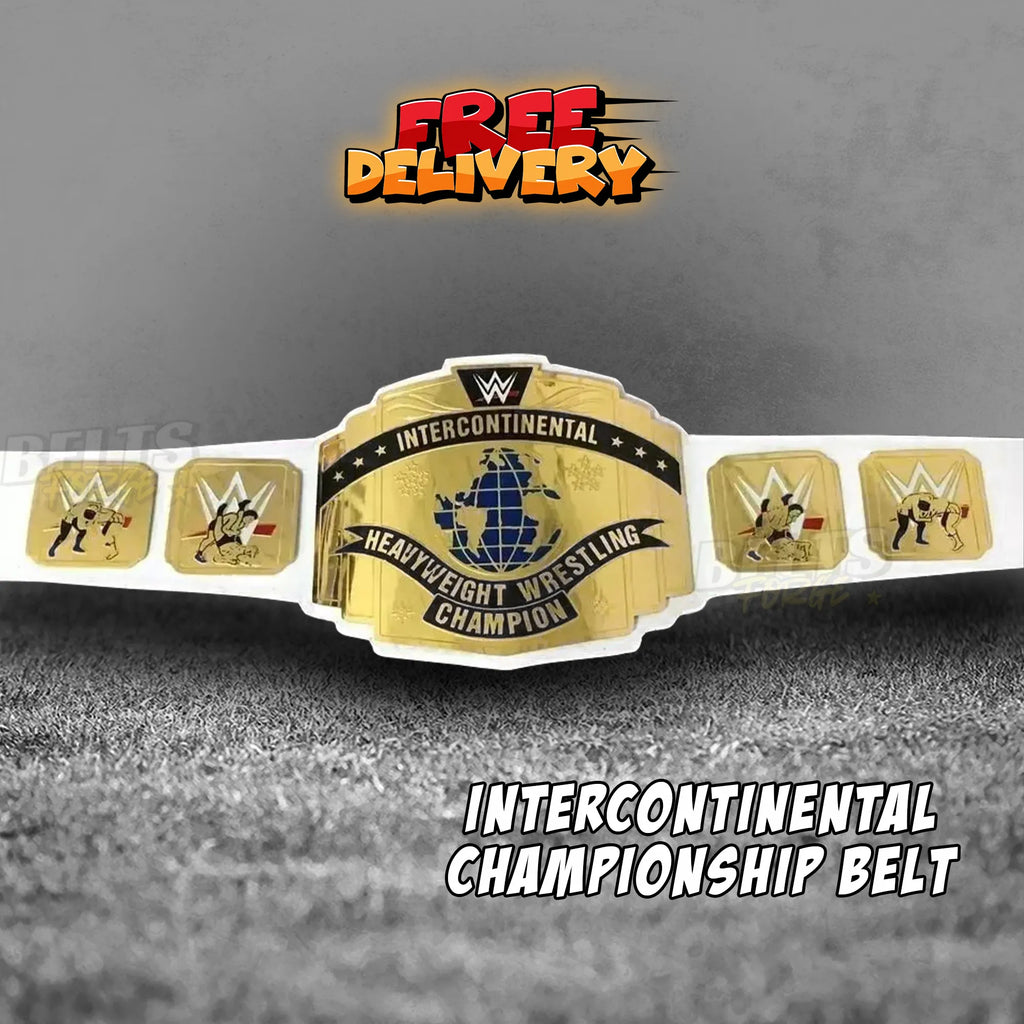 Intercontinental Championship Belt replica promotional front view, gold-plated brass IC plates on genuine white leather strap by Belts Forge