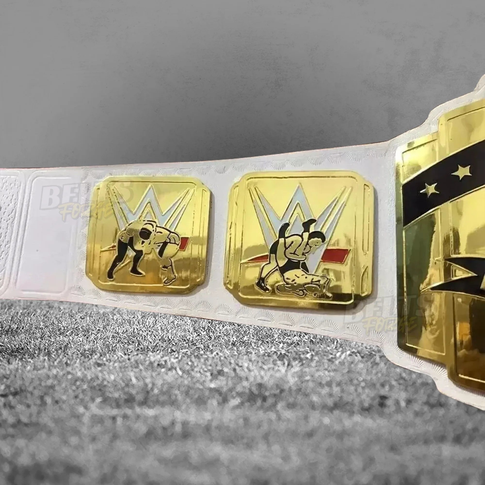 Intercontinental Championship Belt right side plates close-up showing gold-plated brass IC side plates on genuine white leather