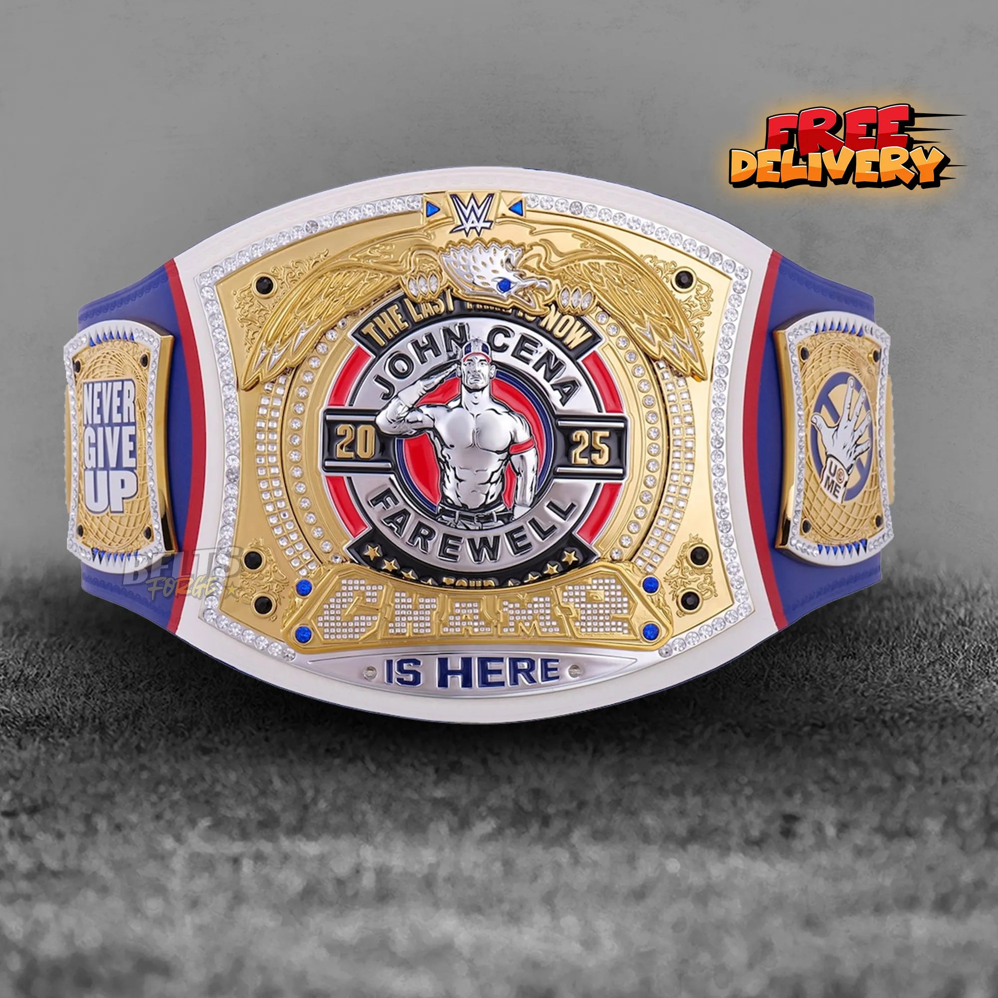 John Cena New Jersey Spinner Championship Belt replica front view, gold-plated brass spinner main plate on genuine black leather strap by Belts Forge
